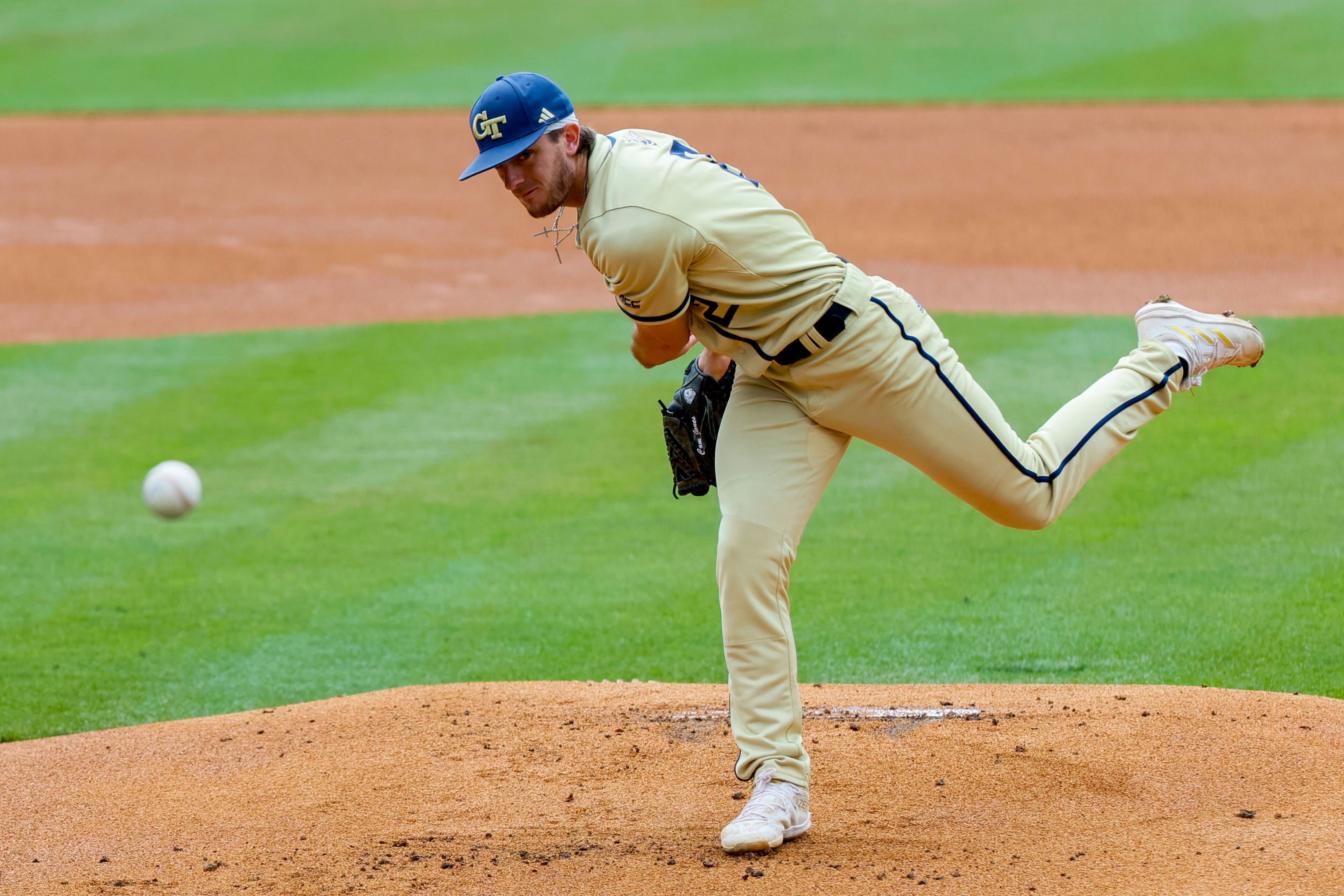 Georgia Tech starting pitcher Cam Jones throws a pitch to a UNC Wilmington batter during the first inning of the NCAA Tournament Regional at Foley Field on Sunday, June 2, 2024, in Athens. (Miguel Martinez / AJC)