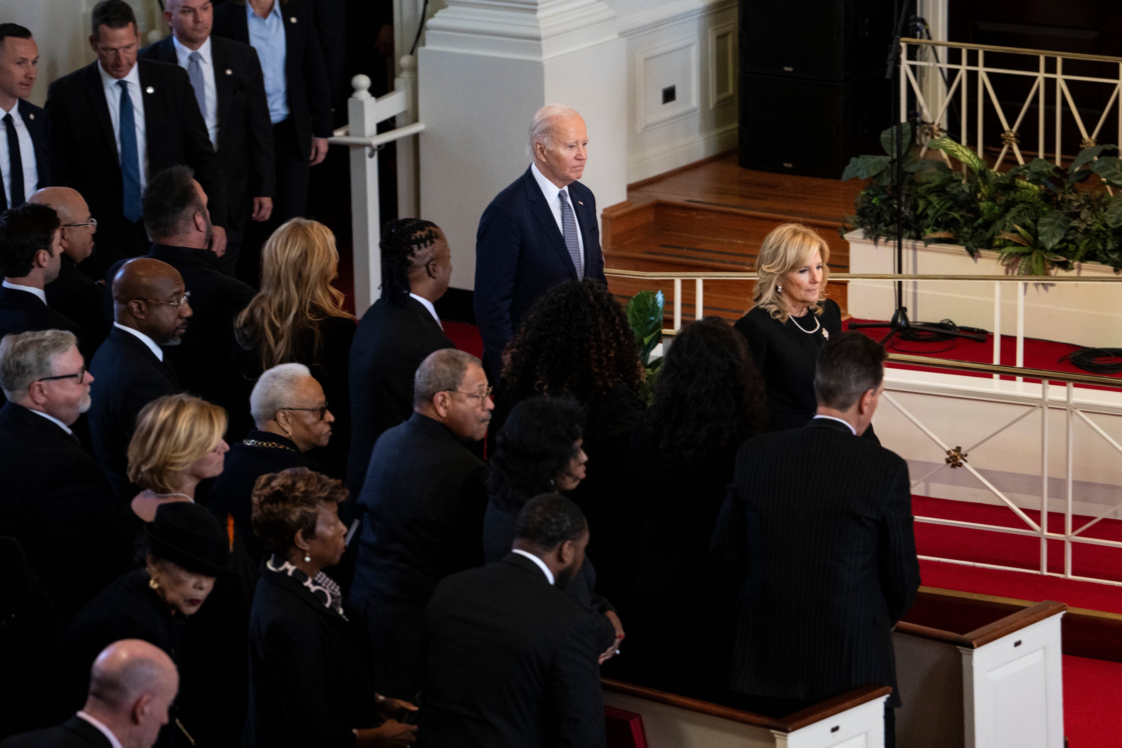 President Joe Biden and first lady Jill Biden arrive to attend the memorial service for former first lady Rosalynn Carter at Glenn Memorial Church in Atlanta, Nov. 28, 2023. Carter, the wife of former President Jimmy Carter, died at 96 last week at the family’s modest ranch-style house in Plains, Ga., just a few months after she and her husband had celebrated their 77th wedding anniversary. (Erin Schaff/The New York Times)