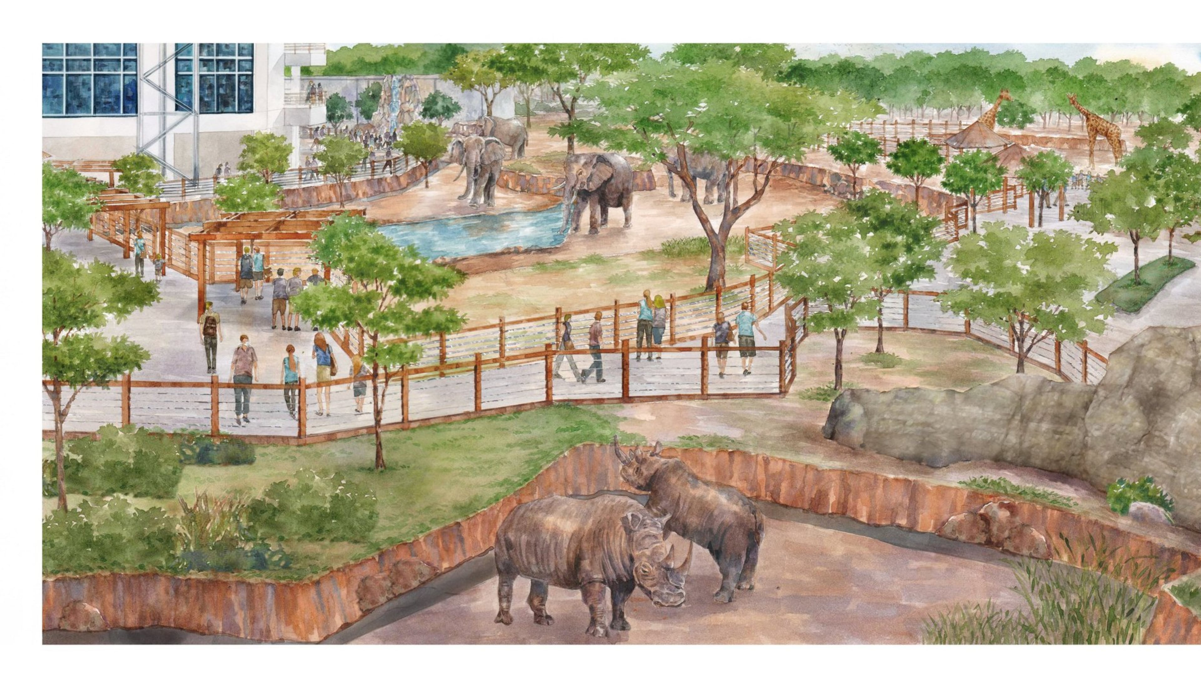 An artist’s watercolors show the exterior of Savanna Hall and the African Savanna exhibit that will be part of Zoo Atlanta’s $50 million expansion. CONTRIBUTED BY ZOO ATLANTA