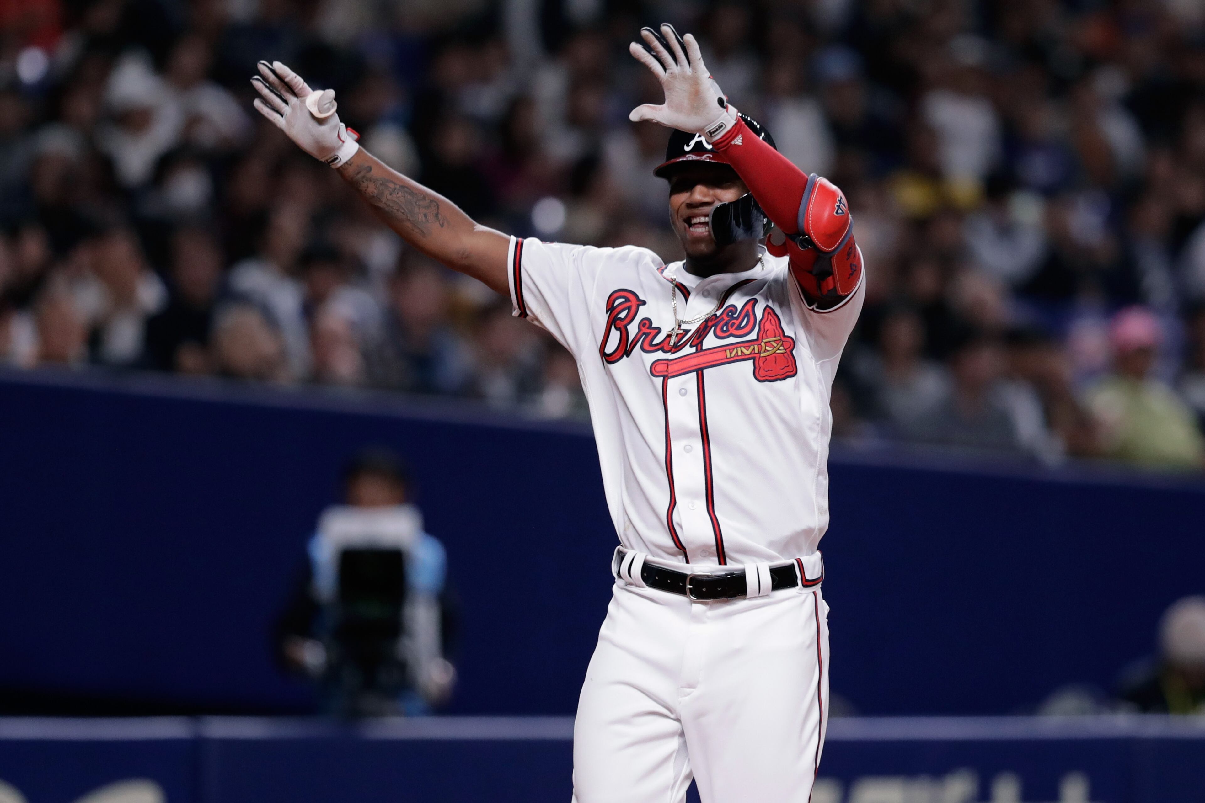 NAGOYA, JAPAN - NOVEMBER 15: Outfielder Ronald Acuna Jr. #13 of the Atlanta Braves celebrates after hitting a solo home run in the bottom of 8th inning during the game six between Japan and MLB All Stars at Nagoya Dome on November 15, 2018 in Nagoya, Aichi, Japan. (Photo by Kiyoshi Ota/Getty Images)