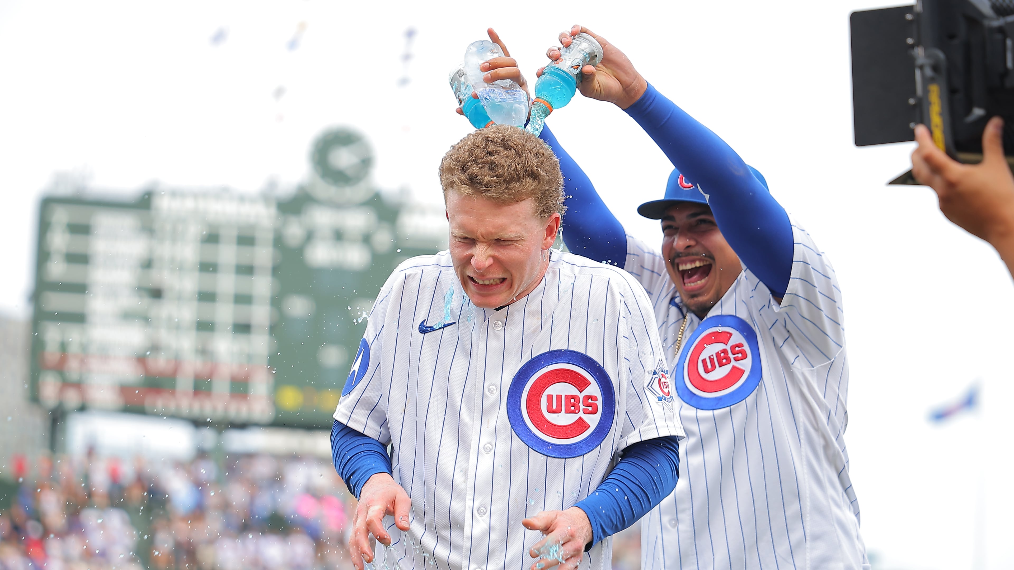 Chicago Cubs' Daniel Palencia dumps Gatorade on Pete Crow-Armstrong after a baseball game against the Cincinnati Reds, Saturday, Aug. 29, 2026, in Chicago. (AP Photo/Melissa Tamez)