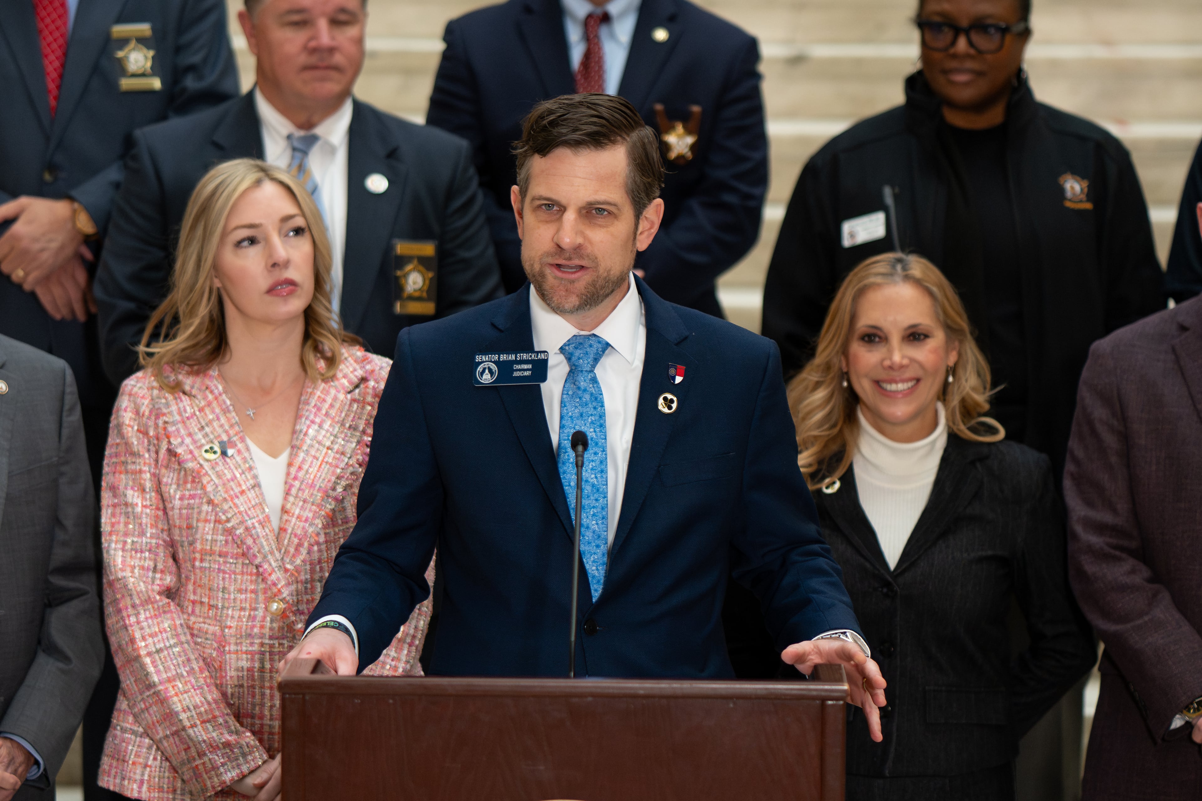 State Sen. Brian Strickland, center, is the Republican nominee for attorney general (Ben Hendren for the AJC)