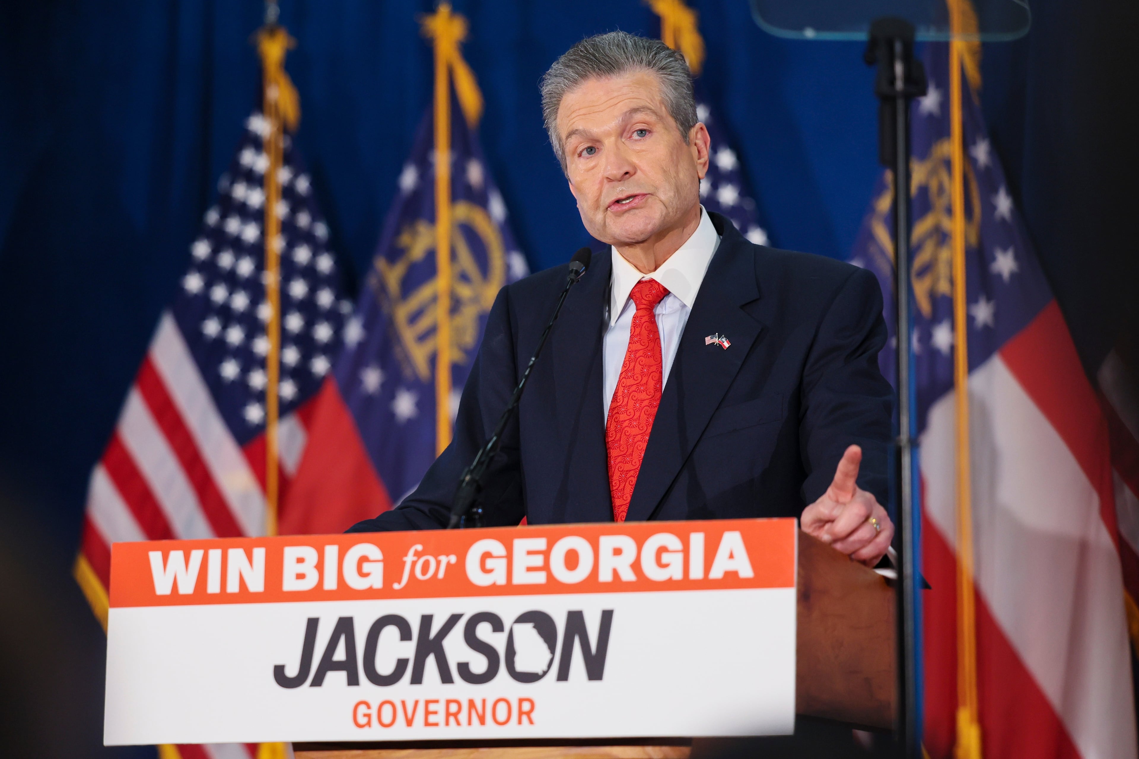 Republican nominee for governor Rick Jackson speaks to his supporters at his runoff election night watch party on Tuesday. (Jason Getz/AJC)
