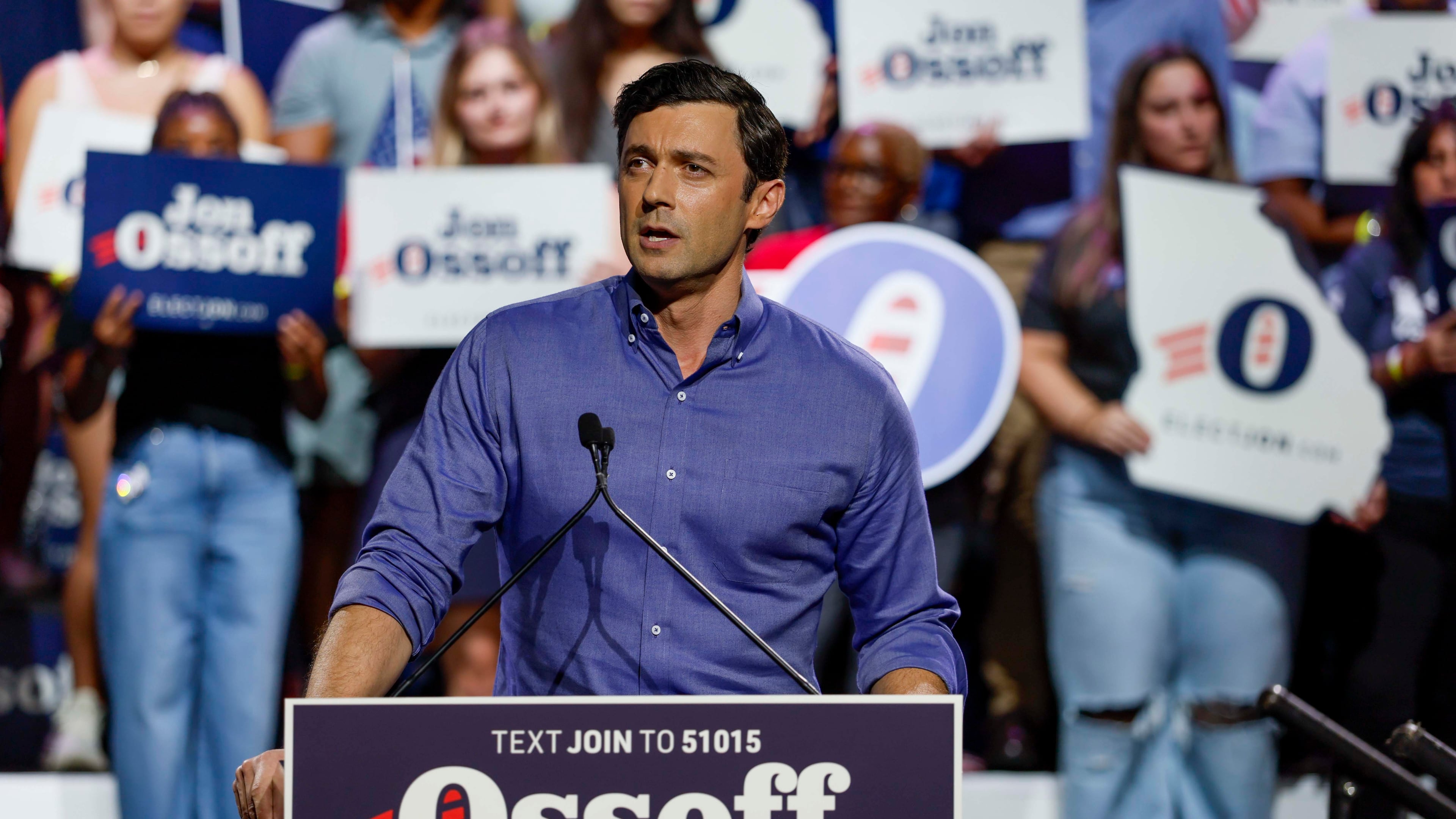 U.S. Sen. Jon Ossoff speaks to supporters during a campaign rally at Atlanta's Center Stage Theater in August. (Miguel Martinez/AJC)