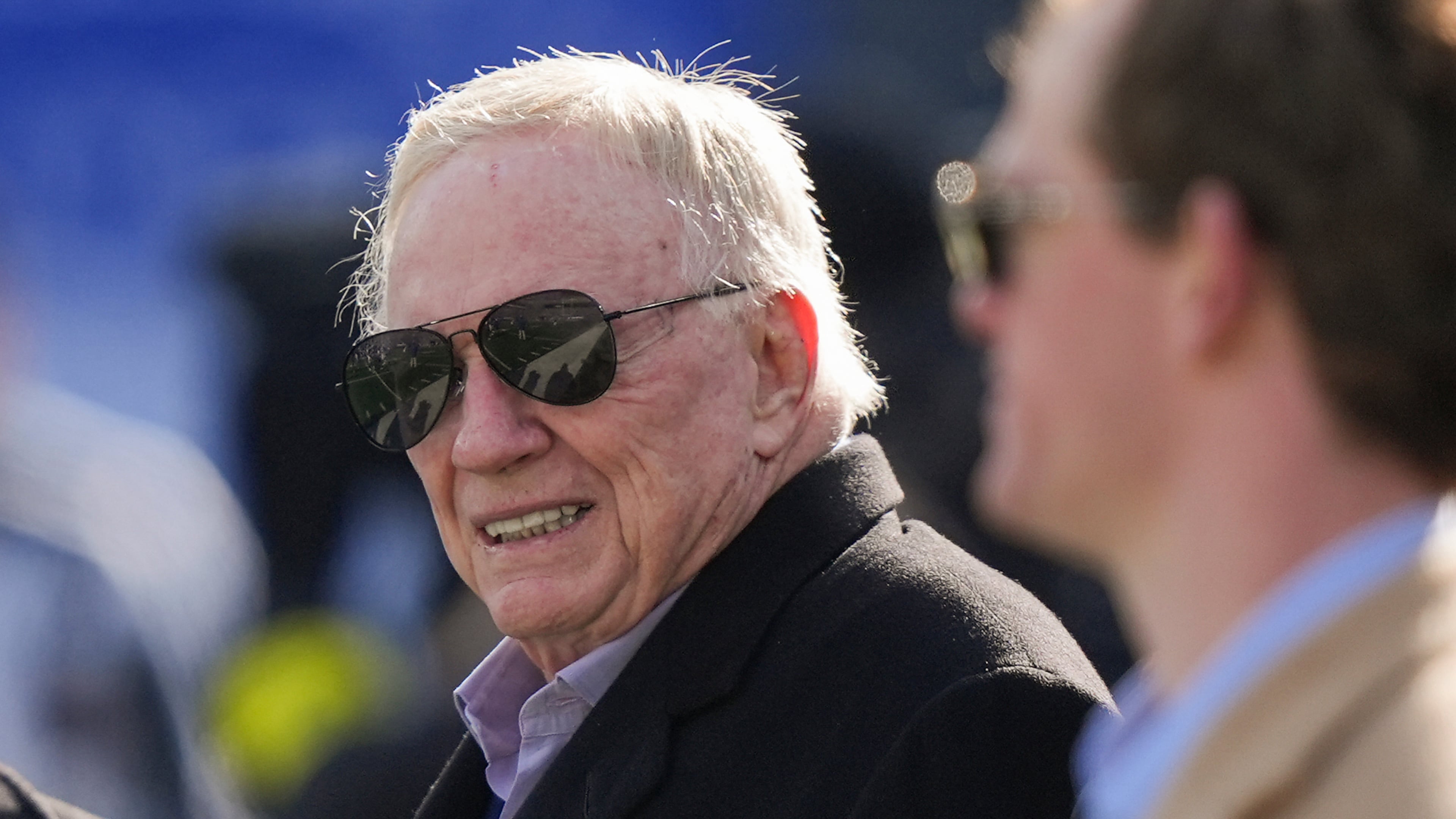 FILE - Dallas Cowboys owner Jerry Jones walks on the field before an NFL football game between the New York Giants and the Dallas Cowboys, Sunday, Jan. 4, 2026, in East Rutherford, N.J. (AP Photo/Frank Franklin II,File)