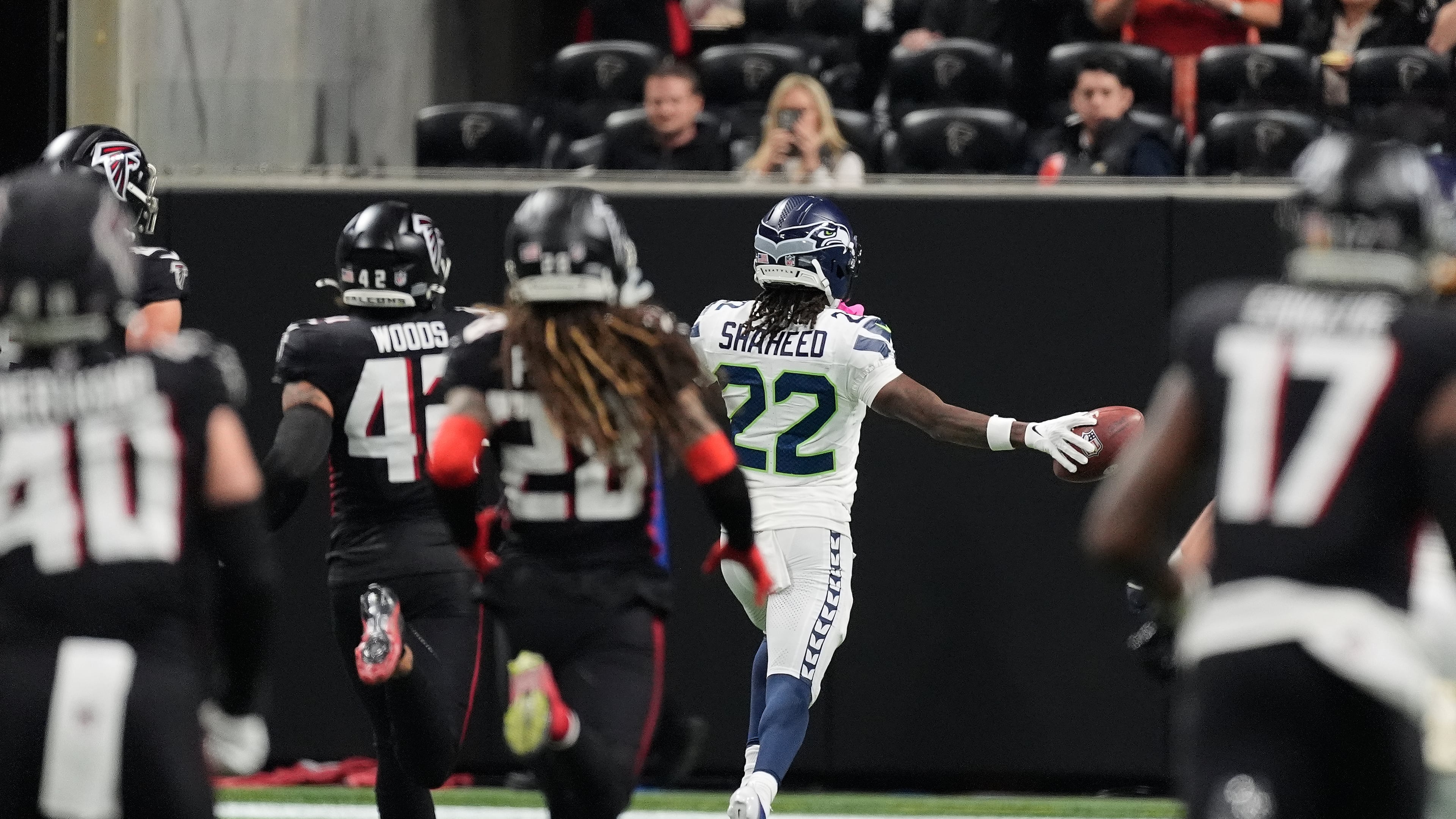 Seahawks wide receiver Rashid Shaheed runs the second-half kickoff back for a touchdown against the Falcons on Sunday, Dec. 7, 2025, in Atlanta. The TD broke a 6-6 halftime tie en route to Seattle winning 37-9. (Mike Stewart/AP)