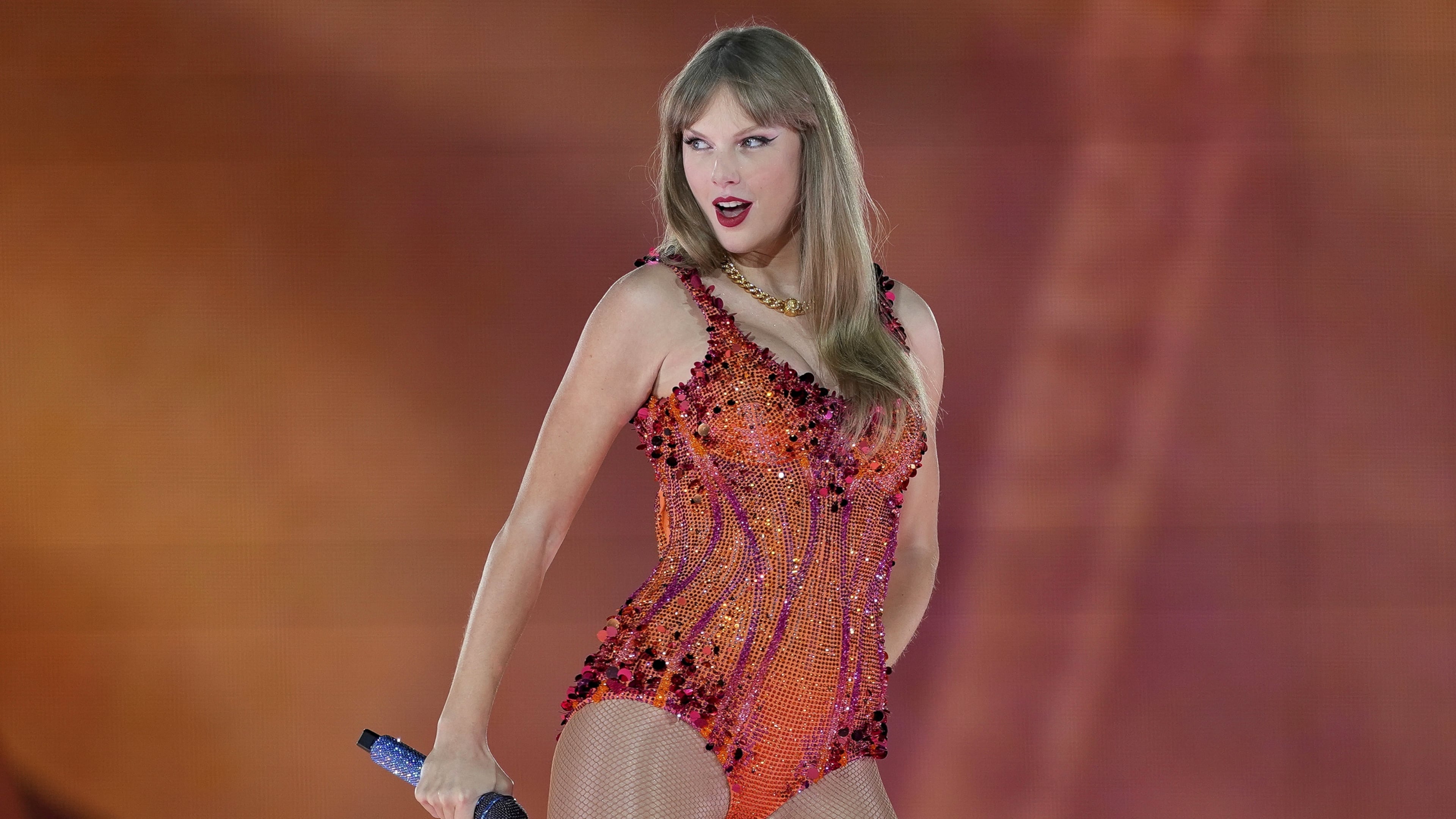 FILE - Taylor Swift performs at the Paris Le Defense Arena during her Eras Tour concert in Paris on May 9, 2024. (AP Photo/Lewis Joly, File)