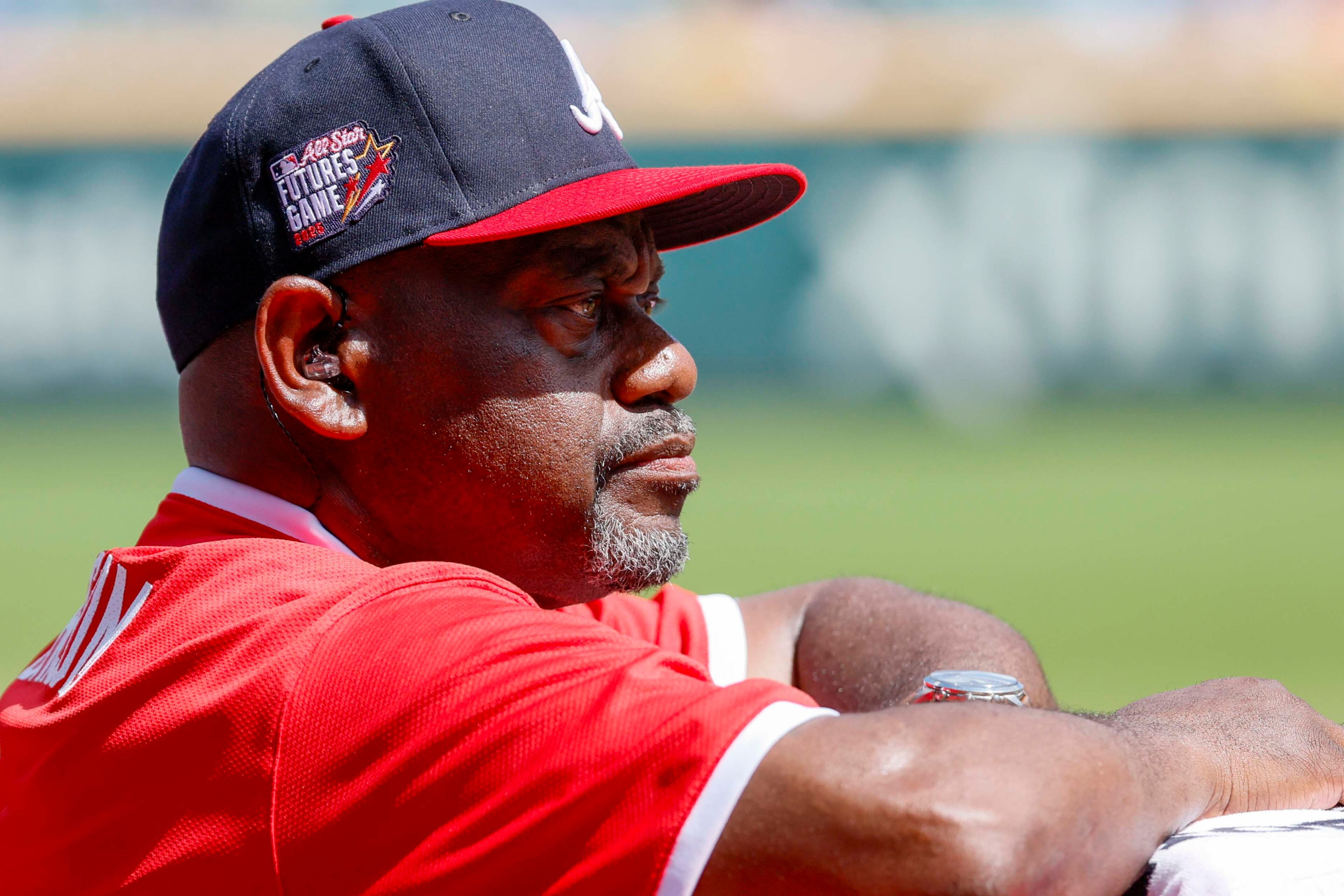 American League manager Marquis Grissom watch the beggining of the MLB All-Star Futures Game at Truist Park on Saturday, July 12, 2025, in Atlanta.
(Miguel Martinez/ AJC)