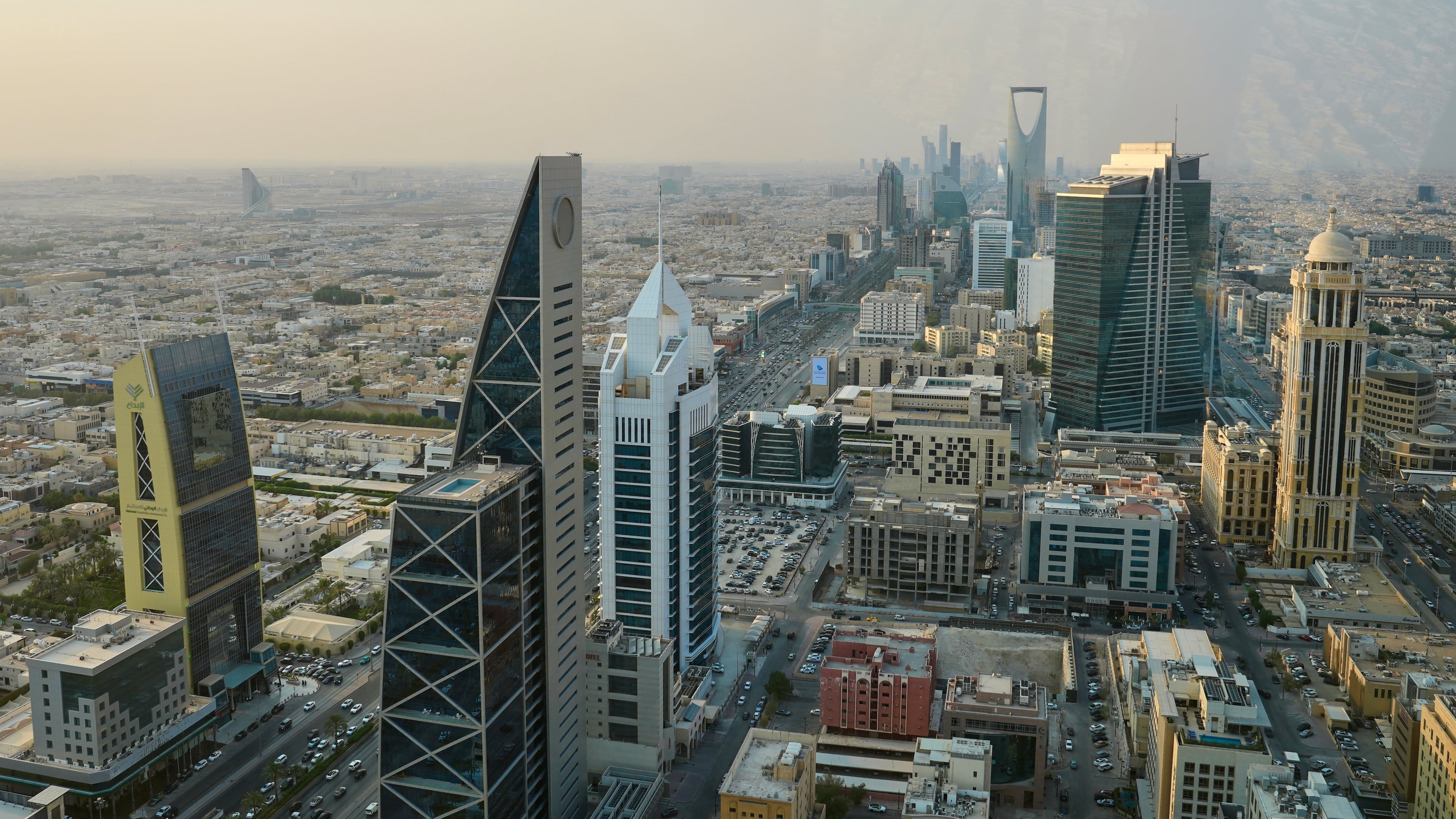Buildings line King Fahd Road in the Olaya district of Riyadh, Saudi Arabia, Wednesday, Oct. 14, 2026 (AP Photo/Baraa Anwer)