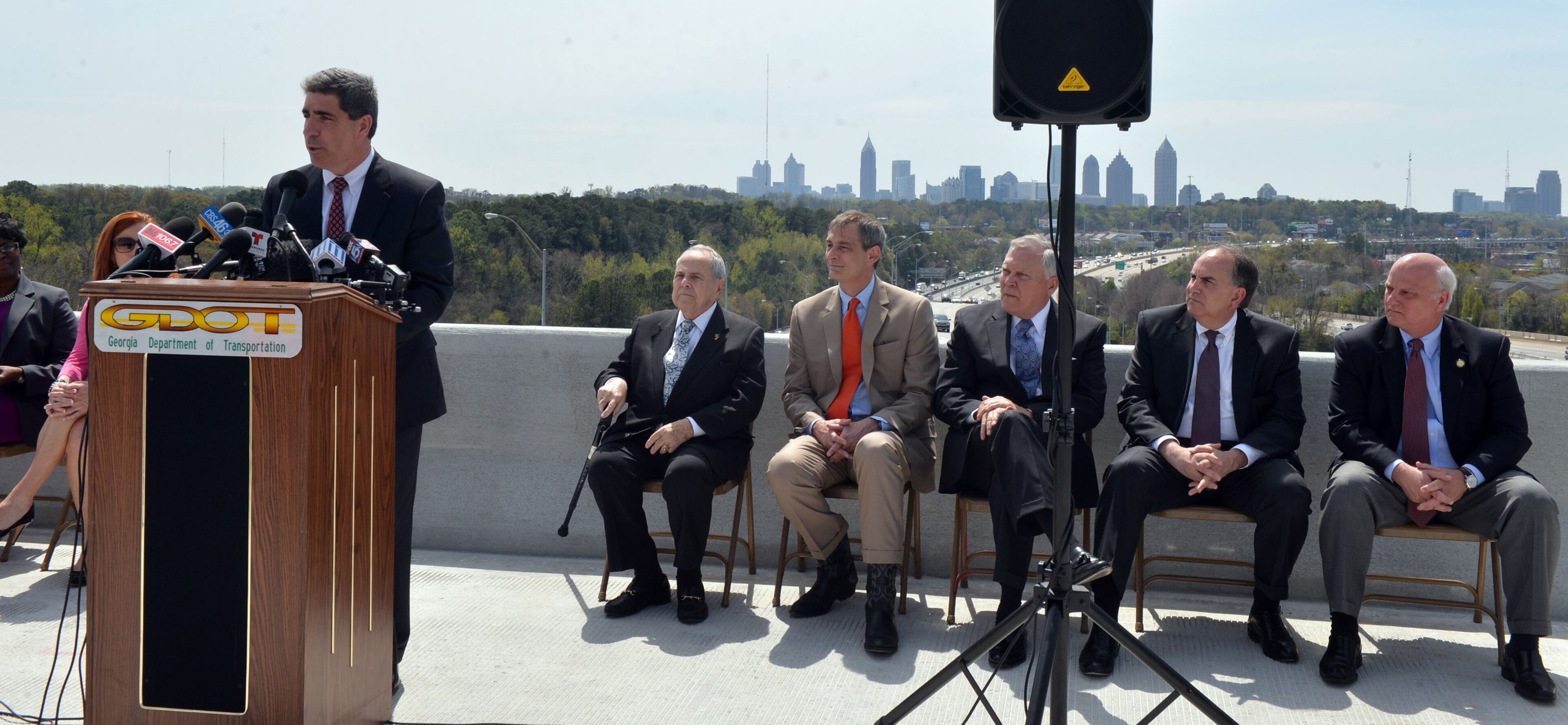 GDOT Commissioner Keith Golden gives remarks before the ramp is opened. Governor Nathan Deal and other state and local leaders conducted a brief ribbon-cutting celebration of the opening of the new flyover ramps Wednesday, April 2, 2014. The ramps provide I-85 southbound traffic with direct access to GA 400 northbound and also give GA 400 southbound motorists a direct ramp to I-85 northbound.