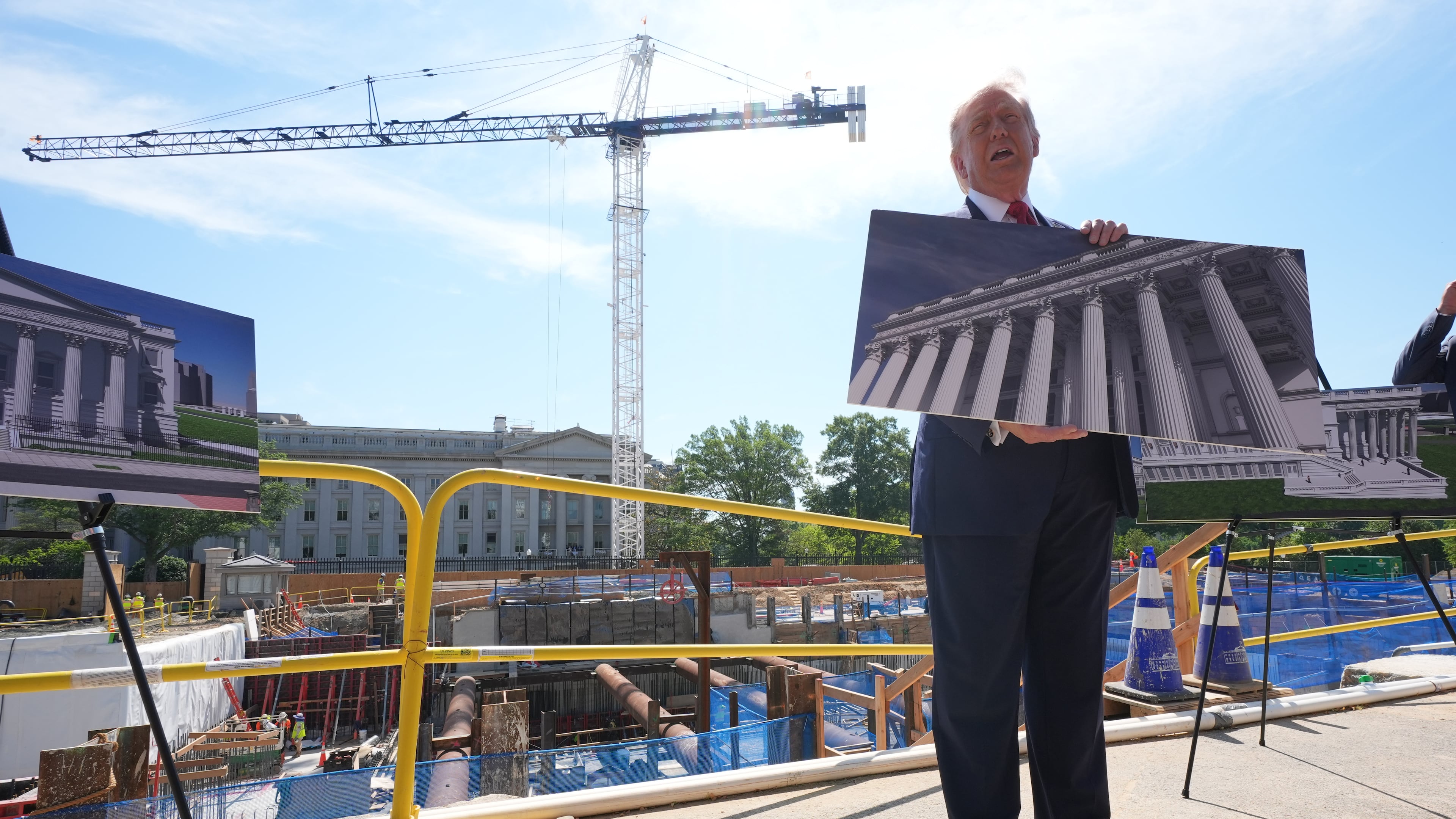 President Donald Trump speaks as he tours Ballroom construction around the outside the White House, Tuesday, May 19, 2026, in Washington. (AP Photo/Jacquelyn Martin)