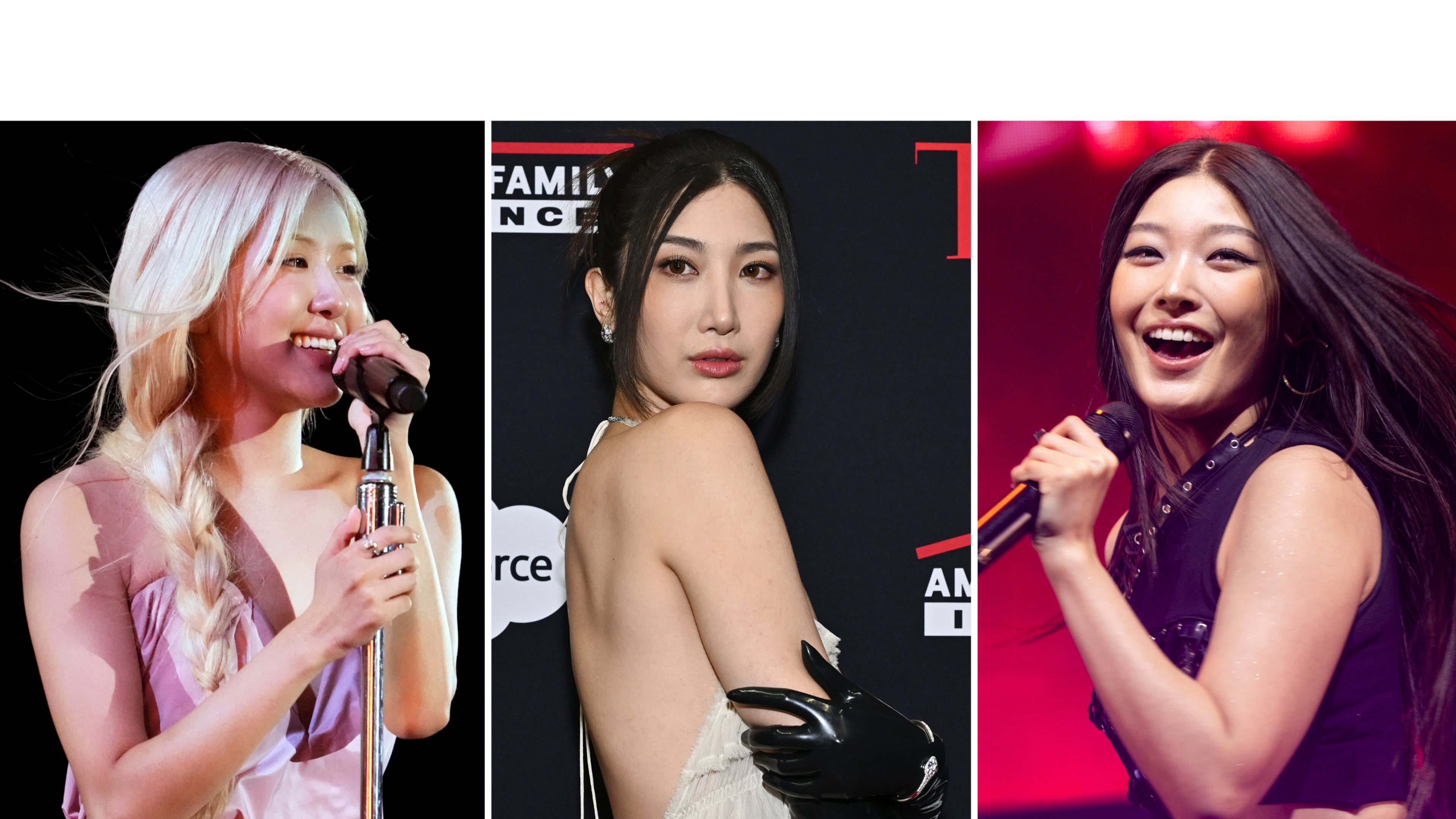 This combination of photos show Rosé performing at the Global Citizen Festival in New York on Sept. 27, 2025, left, Ejae, from "KPop Demon Hunters," at the A Year in TIME honors gala in New York on Dec. 10, 2025, center, and Yoonchae, of KATSEYE, performing in Inglewood, Calif., on Dec. 12, 2025. (AP Photo)