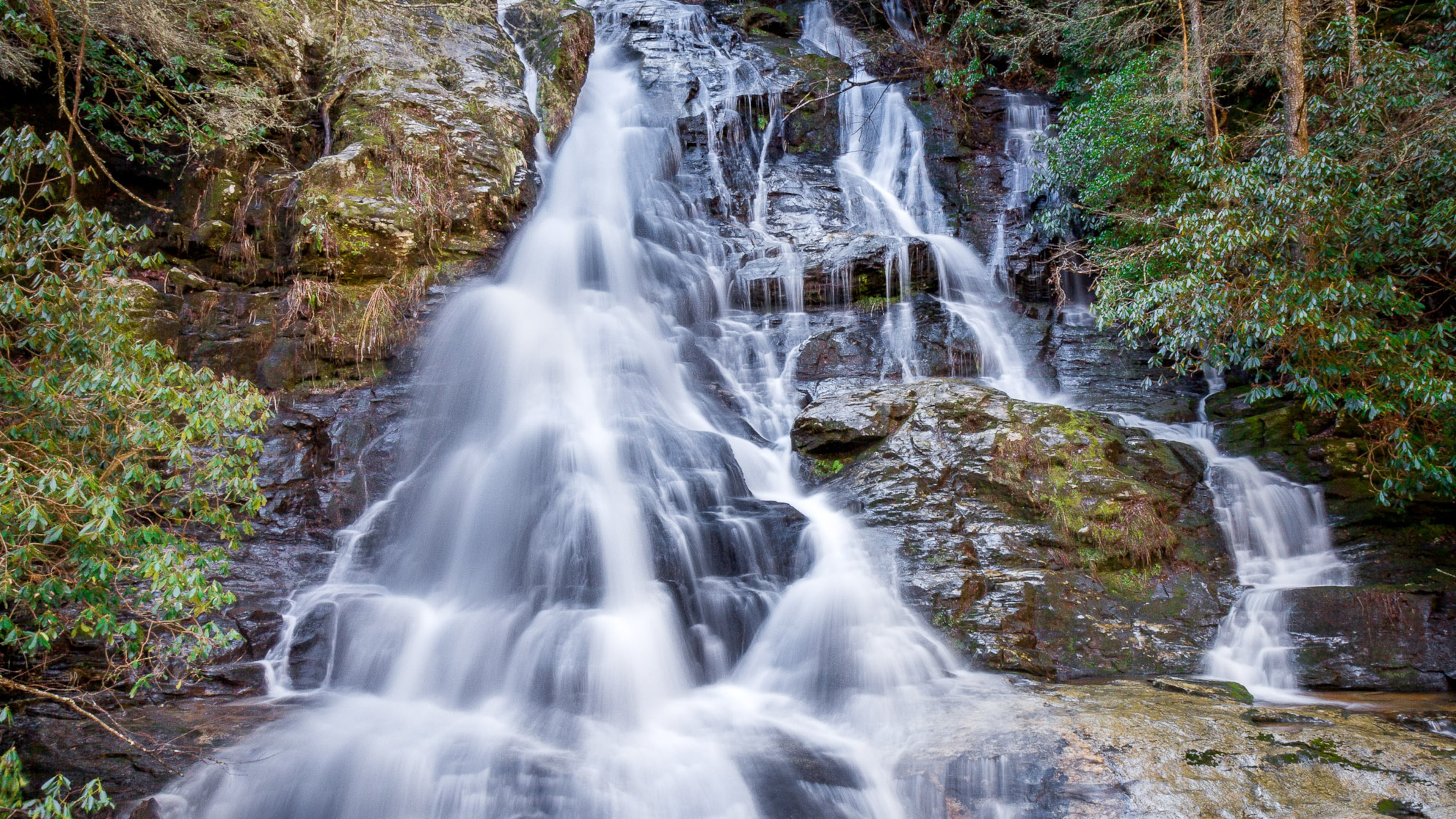 High Shoals Creek tumbles more than 50 feet over moss covered rocks and boulders at High Shoals Falls.