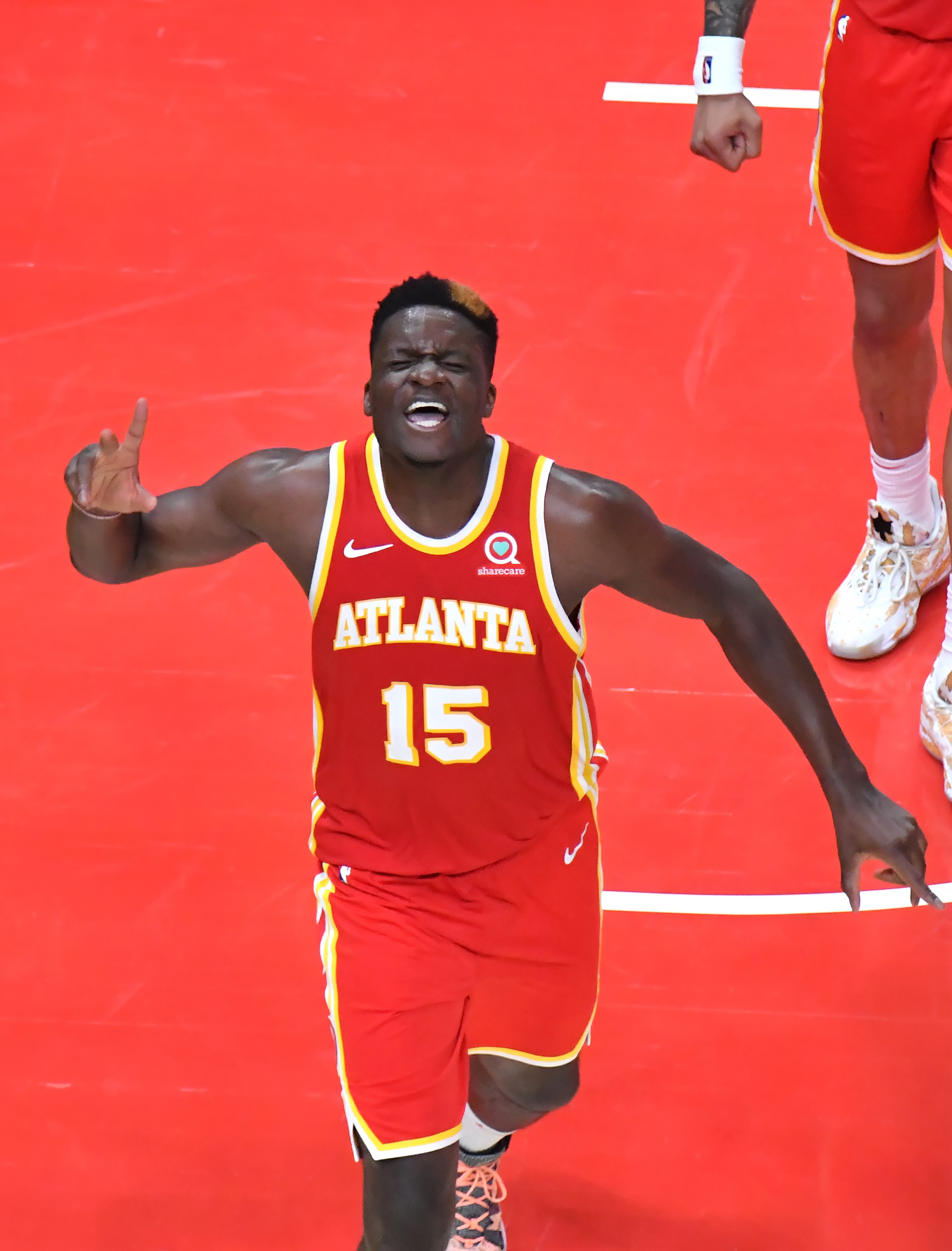 Atlanta Hawks center Clint Capela (15) reacts after he blocked a shot by New York Knicks forward Julius Randle. (Hyosub Shin / Hyosub.Shin@ajc.com)