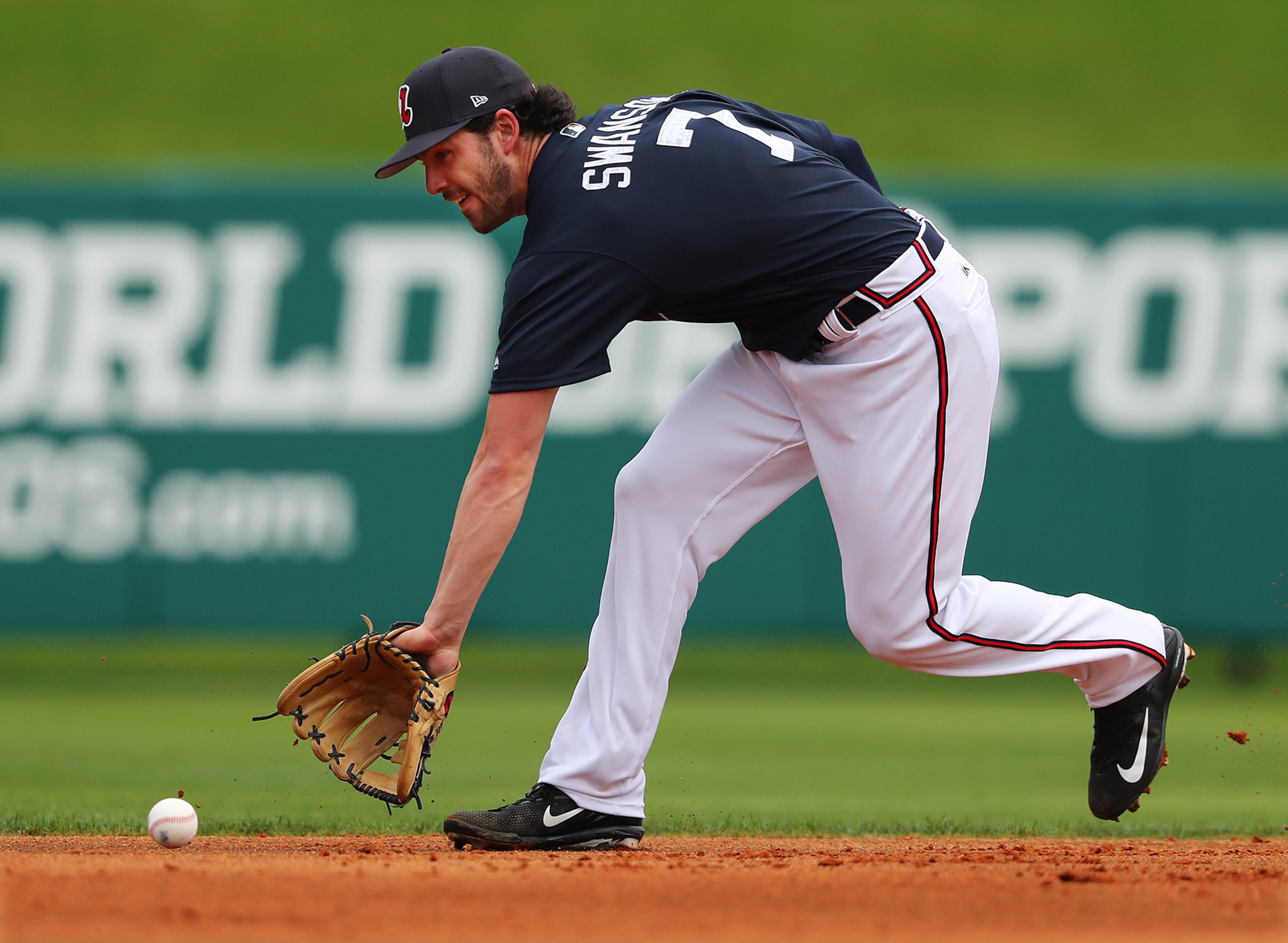 February 18, 2017, Lake Buena Vista, FL: Dansby Swanson fields a ball durng the first full squad workout at Champion Stadium on Saturday Feb. 18, 2017, at the ESPN Wide World of Sports in Lake Buena Vista. Curtis Compton/ccompton@ajc.com