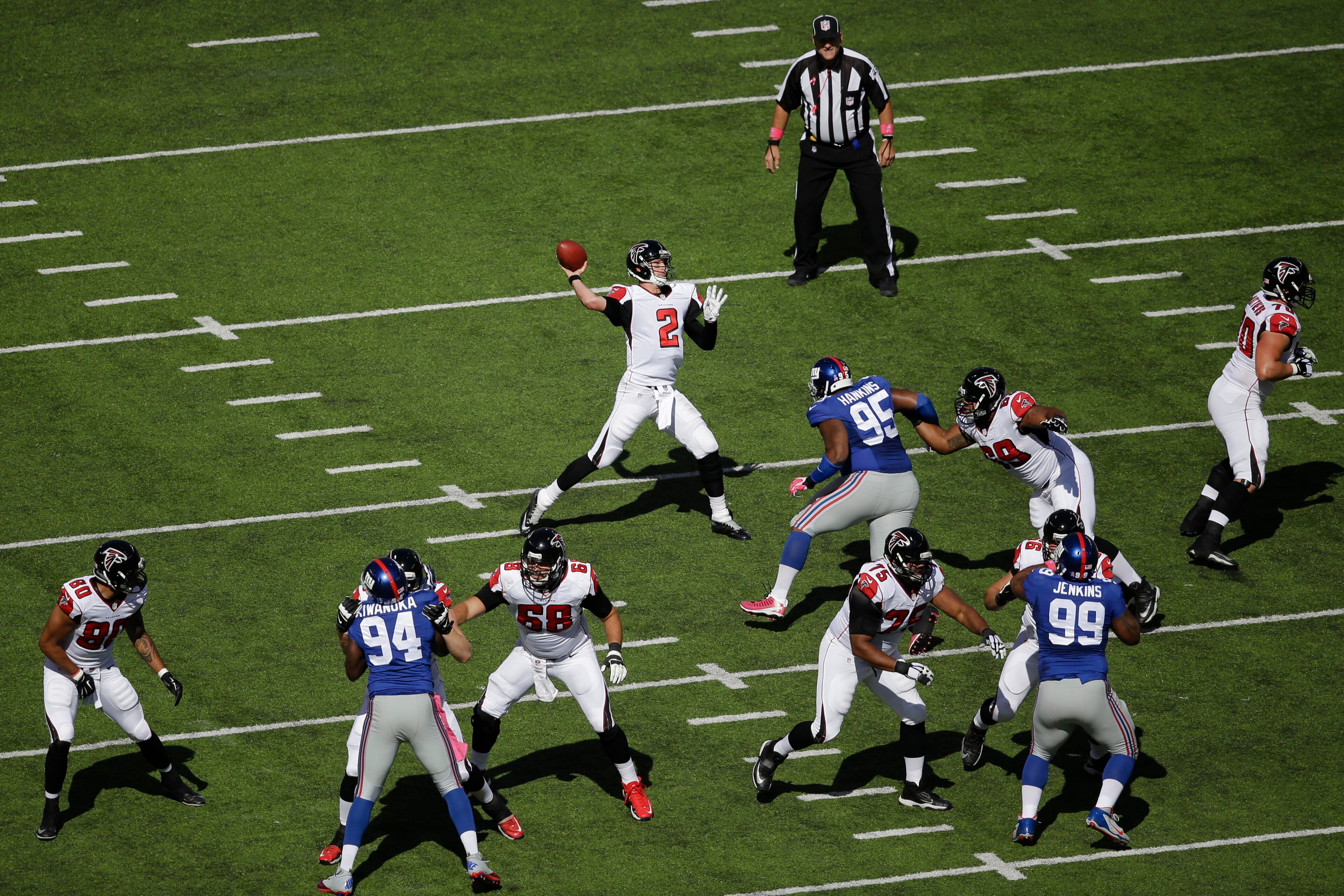 Atlanta Falcons quarterback Matt Ryan (2) throws a pass against the New York Giants during the first half of an NFL football game, Sunday, Oct. 5, 2014, in East Rutherford, N.J. (AP Photo/Seth Wenig)