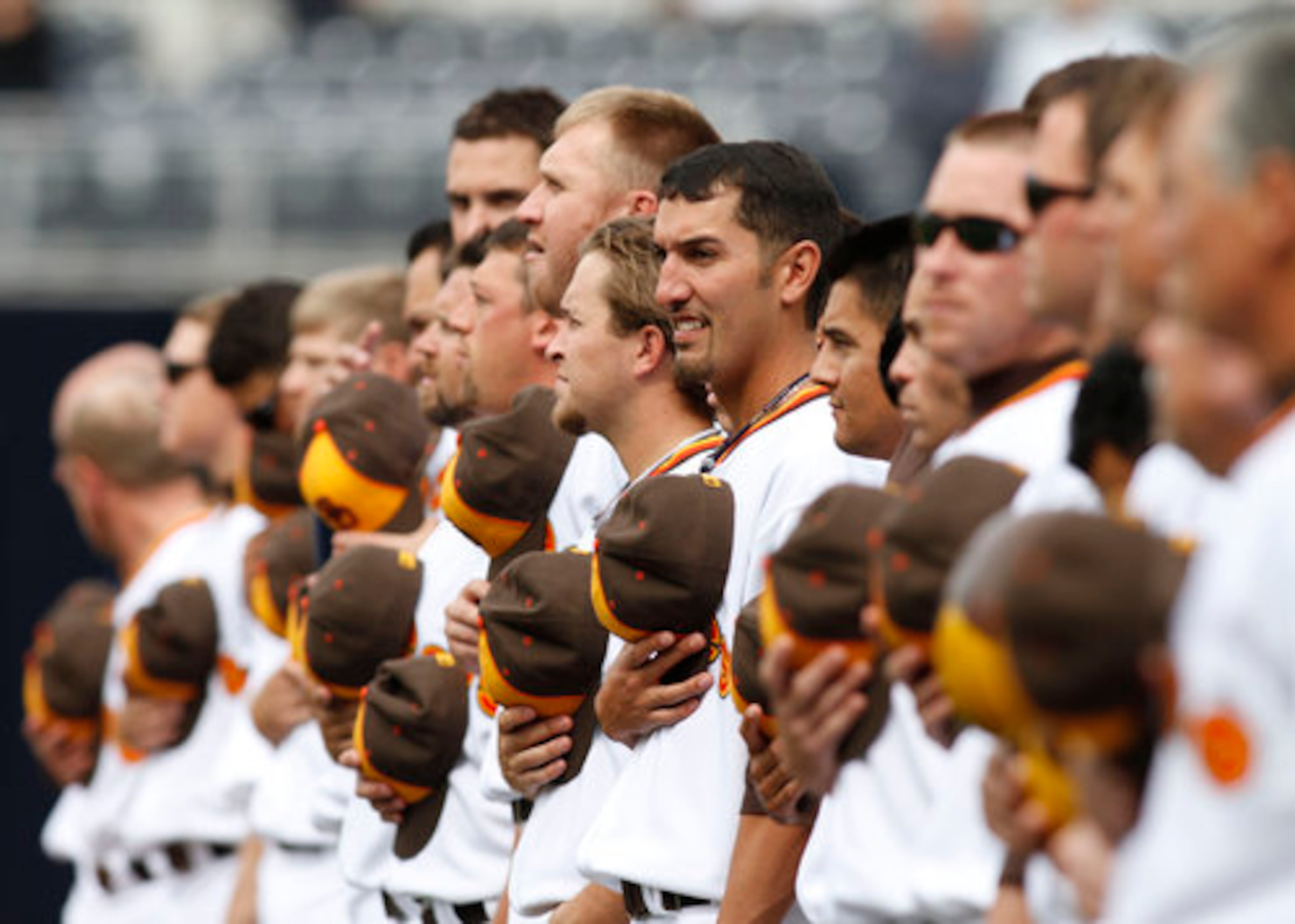 San Diego Padres players line up before the start of a baseball game against the Atlanta Braves, Thursday, April 15, 2010, in San Diego.