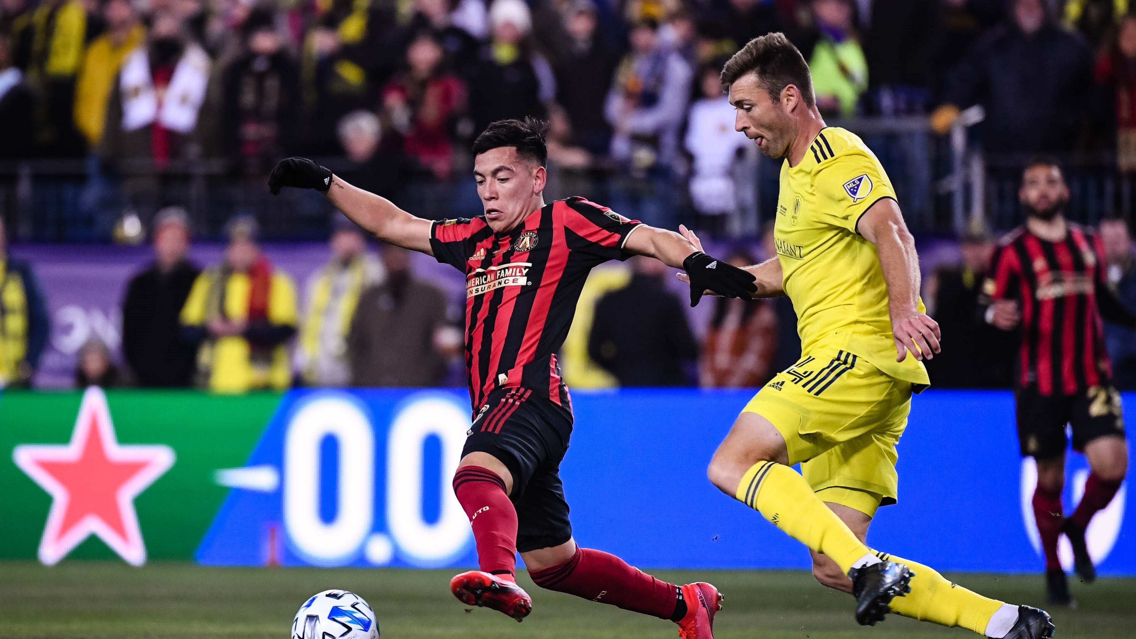 Atlanta United midfielder Ezequiel Barco #8 battles for the ball during the first half of the 2020 MLS season opener between Atlanta United FC and Nashville SC at Nissan Stadium in Nashville, Tennessee, on Saturday February 29, 2020. (Photo by Jacob Gonzalez/Atlanta United)