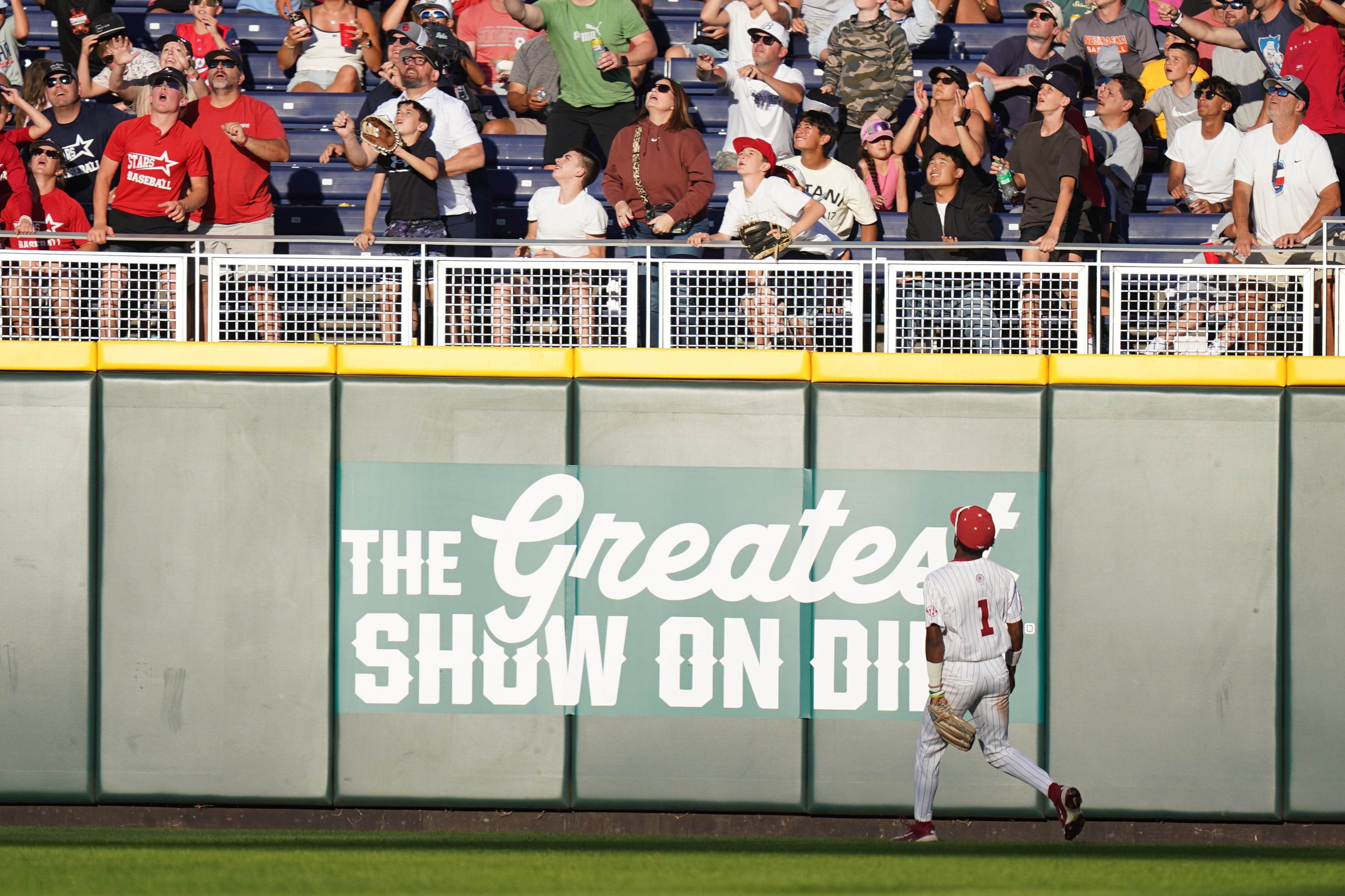Oklahoma outfielder Jason Walk watches the ball fly over the fence for a home run during a College World Series game against Georgia on Monday, June 15, 2026, in Omaha, Neb. (Vera Nieuwenhuis/AP)
