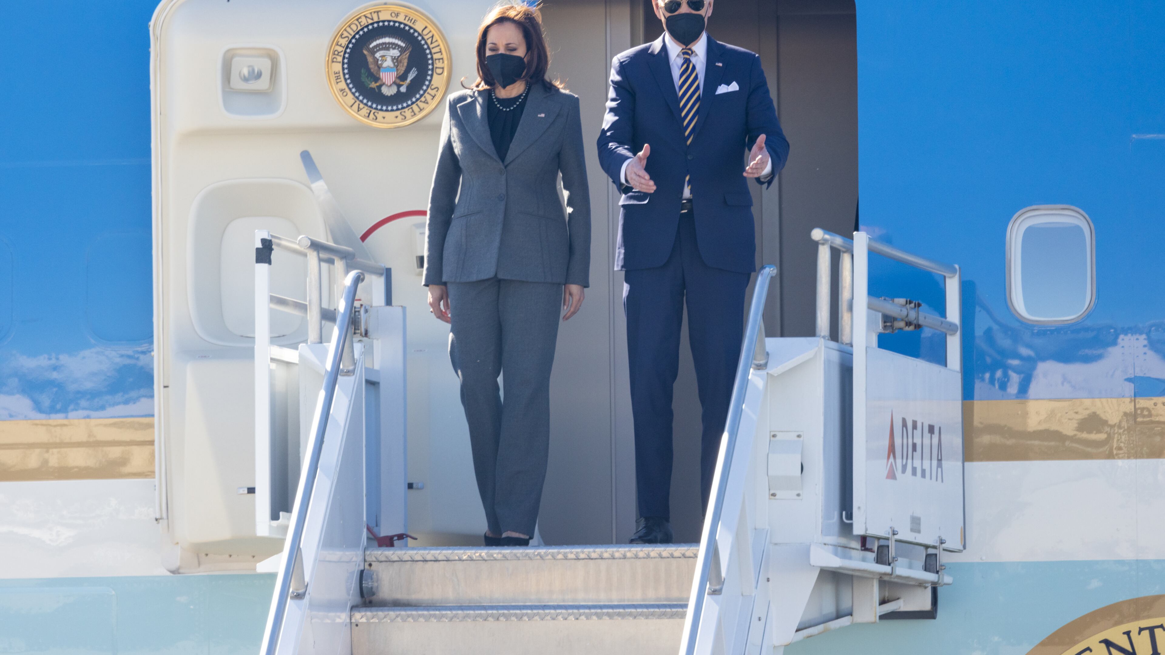 President Joe Biden and Vice President Kamala Harris depart Air Force One in Atlanta oon Thursday ahead of a speech on voting rights. (Nathan Posner for The Atlanta Journal-Constitution)