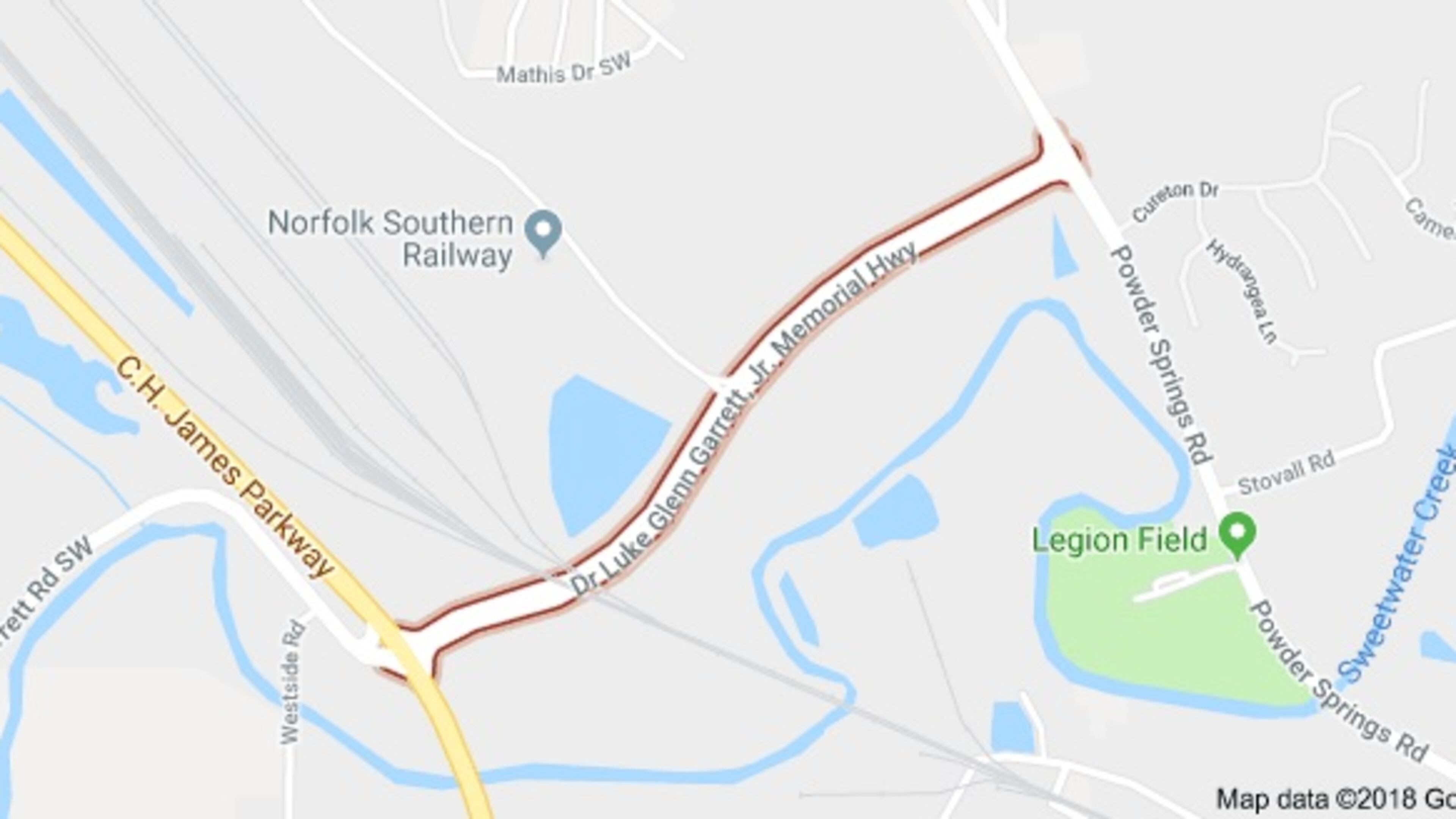The Austell intermodal terminal of Norfolk Southern will be served by an additional facility to be built by Taylor & Mathis on 54 acres northwest of the city’s fire station on Dr. Luke Glenn Garrett Jr. Memorial Highway at Austell-Powder Springs Road. Courtesy of Google