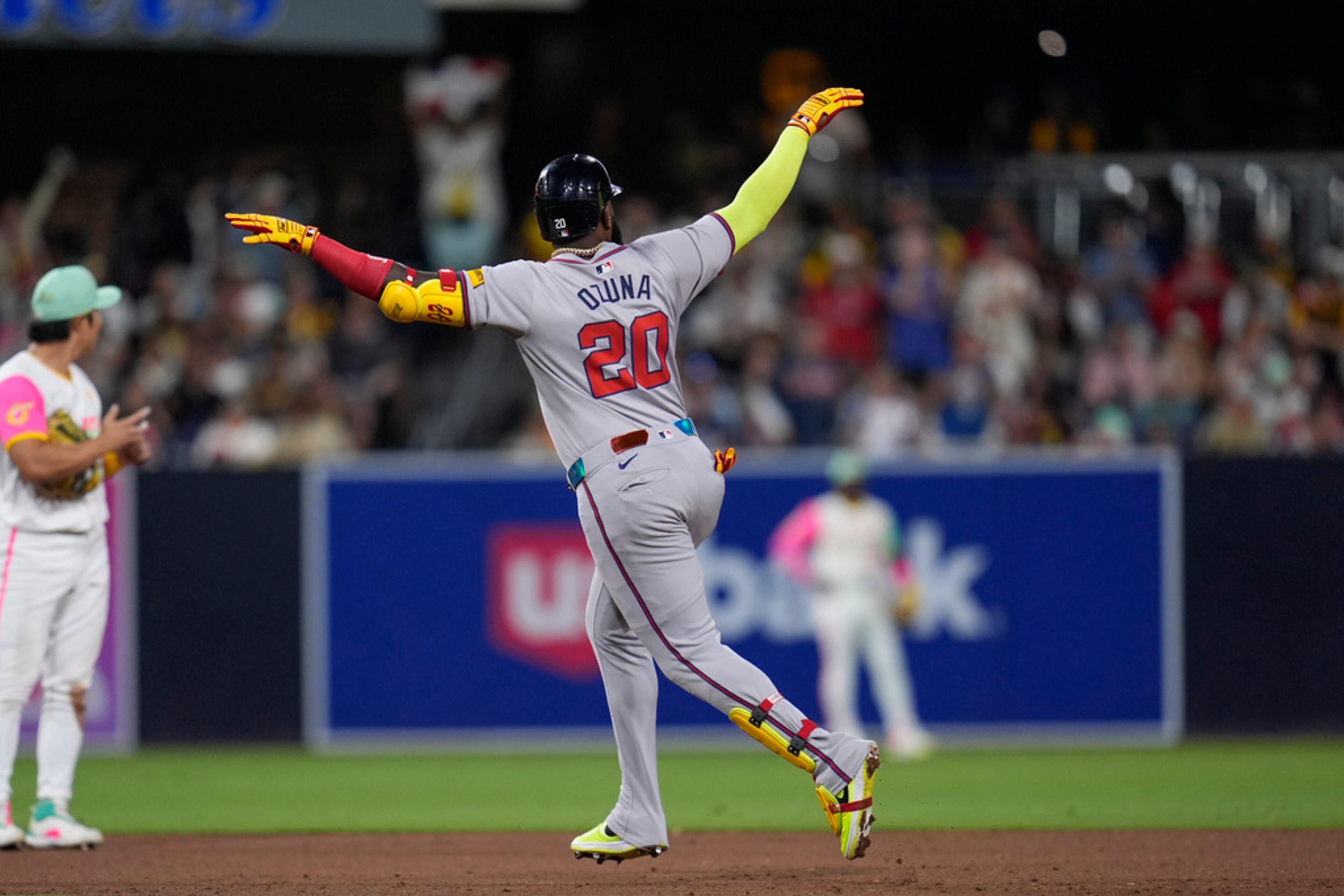 Atlanta Braves' Marcell Ozuna celebrates after hitting a home run during the ninth inning of a baseball game against the San Diego Padres, Friday, July 12, 2024, in San Diego. (AP Photo/Gregory Bull)