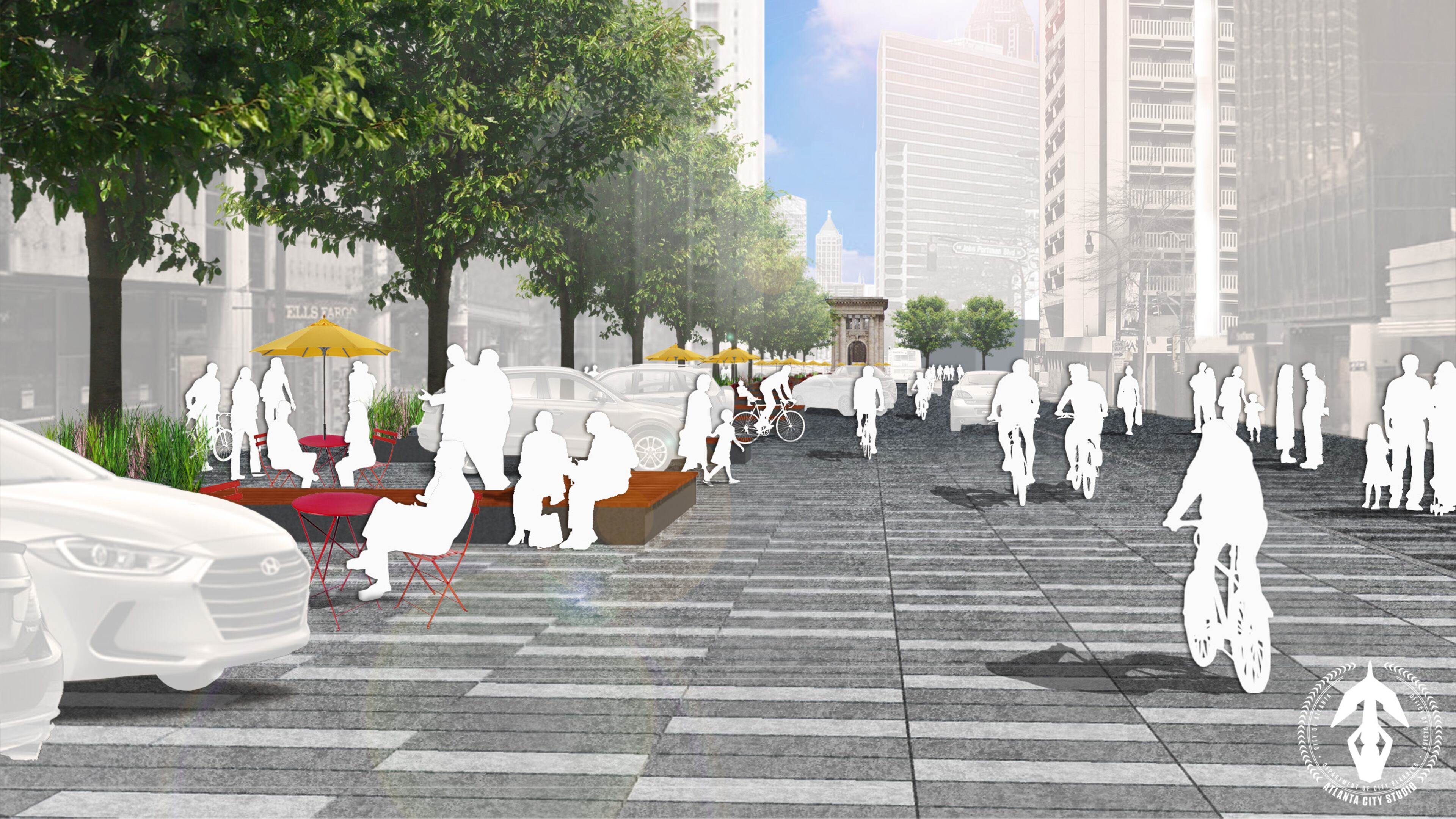 An early concept rendering of Peachtree Street as "Shared Space." This rendering is a product of the Atlanta City Studio’s early concept work on the shared space idea, and not a product of the current study or the ongoing workshops.