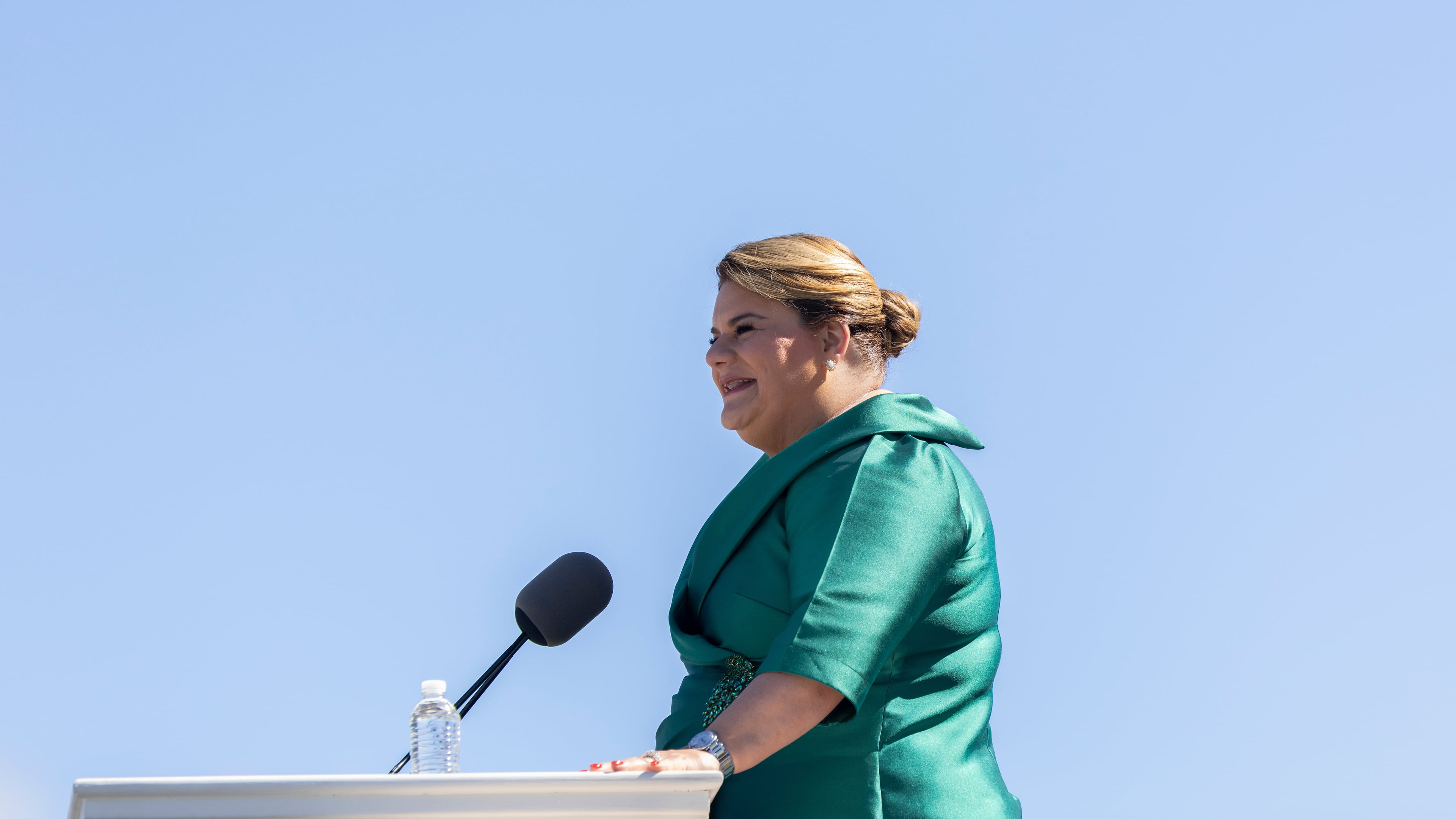 FILE - Jenniffer Gonzalez speaks after she was sworn in as governor outside the Capitol in San Juan, Puerto Rico, Jan. 2, 2025. (AP Photo/Alejandro Granadillo, File)