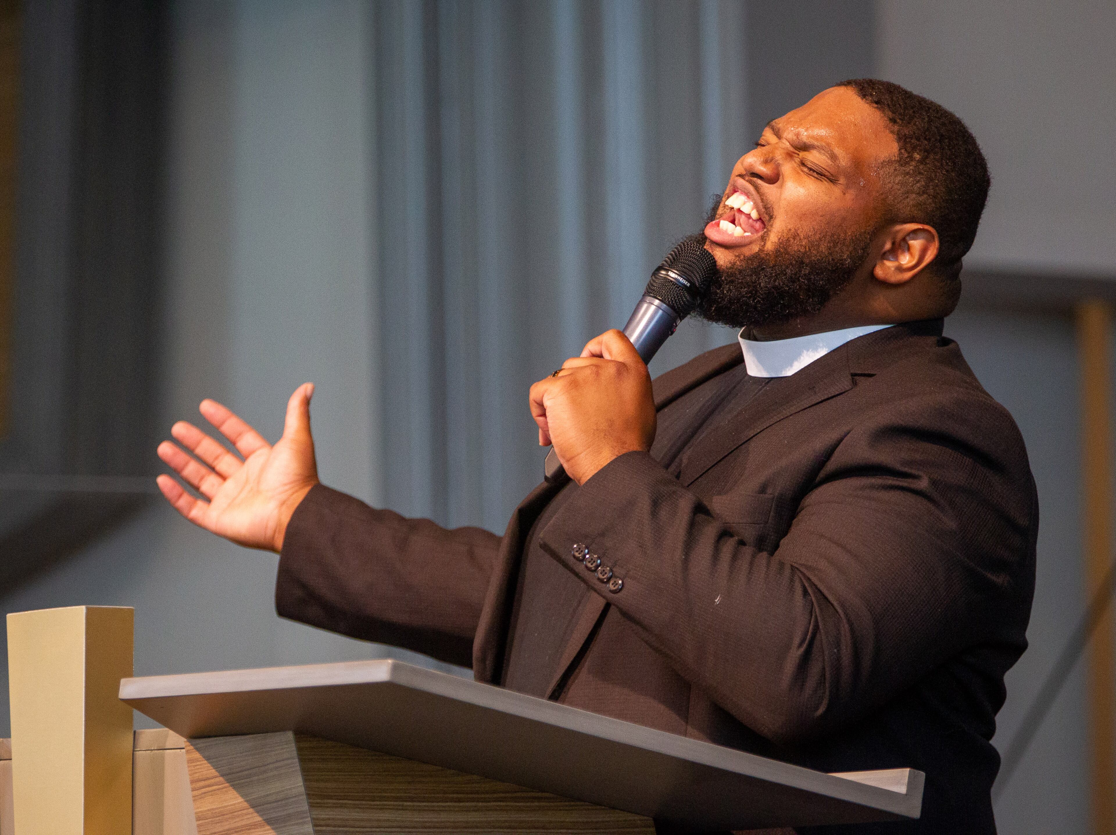 The Rev. Courtney J. Mackey sings "May The Work I've Done Speak For Me" during the celebration of life and dedication of the Jordan Family Life Center in Vernon Jordan's honor at St. Paul A.M.E. Church on Saturday, July 17, 2021. (Photo: Steve Schaefer for The Atlanta Journal-Constitution)