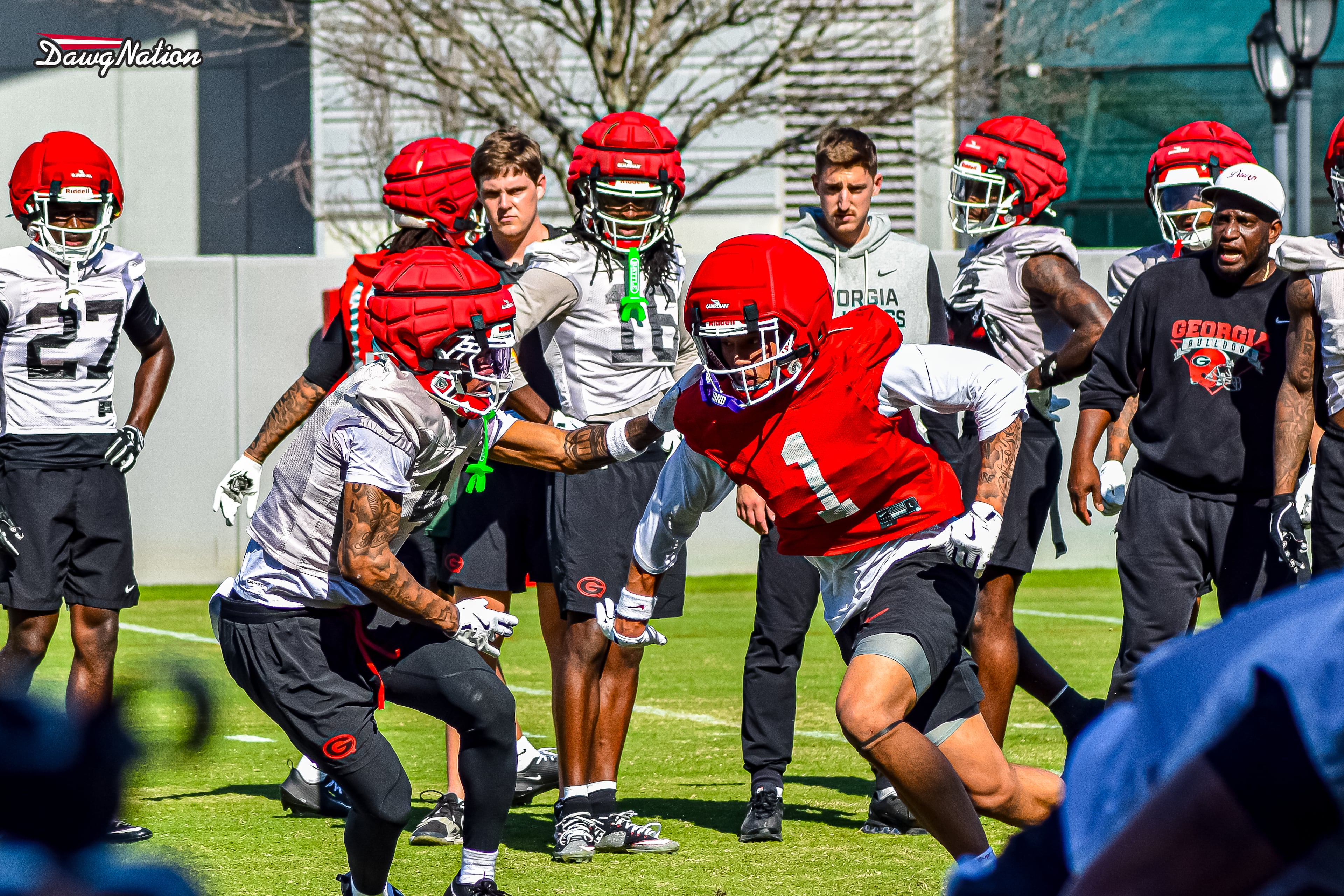 KJ Bolden and Talyn Taylor take part in the second day of spring practice in Athens, Georgia, on Thursday, March 19, 2026. (DawgNation staff photo)