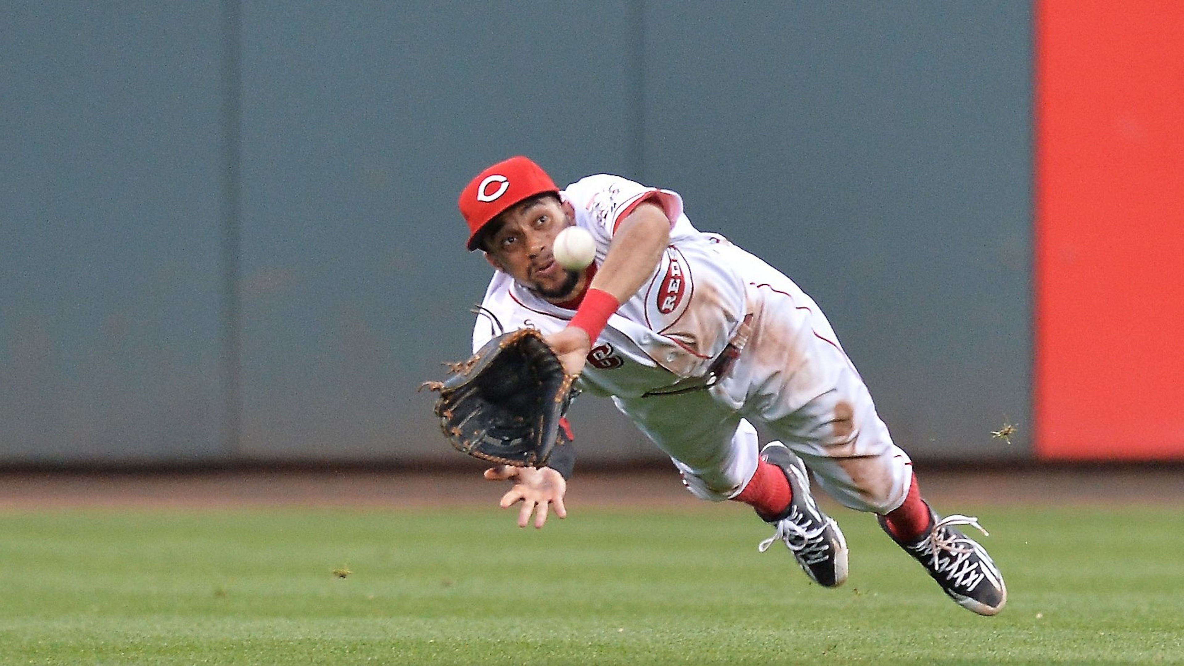 Billy Hamilton of the Cincinnati Reds makes a diving catch of a line drive on June 8, 2016 in Cincinnati, Ohio. (Photo by Jamie Sabau/Getty Images)