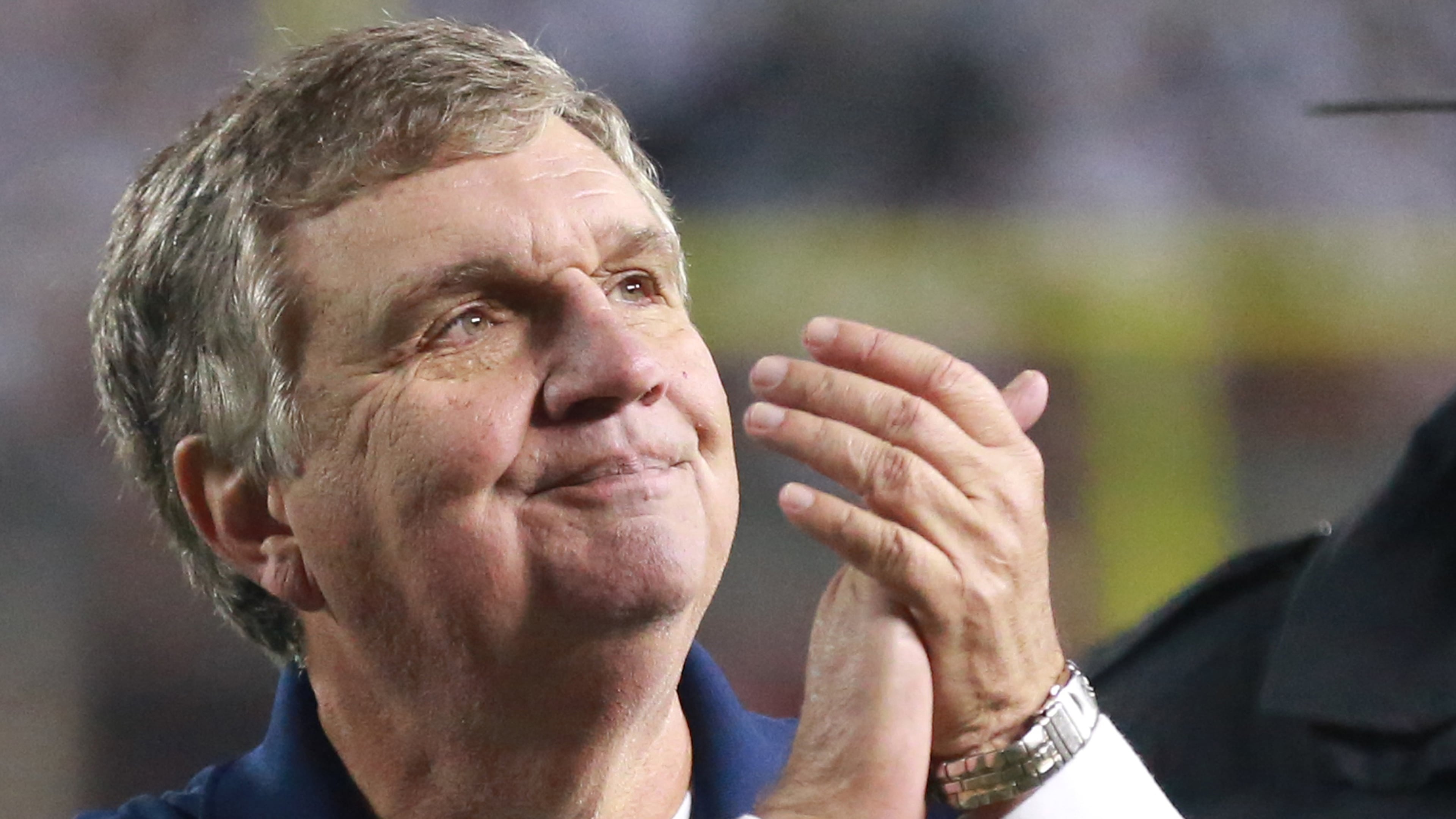 Georgia Tech head coach Paul Johnson celebrates after an NCAA college football game against Virginia Tech in Blacksburg Va. Saturday, Nov. 12 2016. Georgia Tech won the game 30-20. (Matt Gentry/The Roanoke Times via AP)