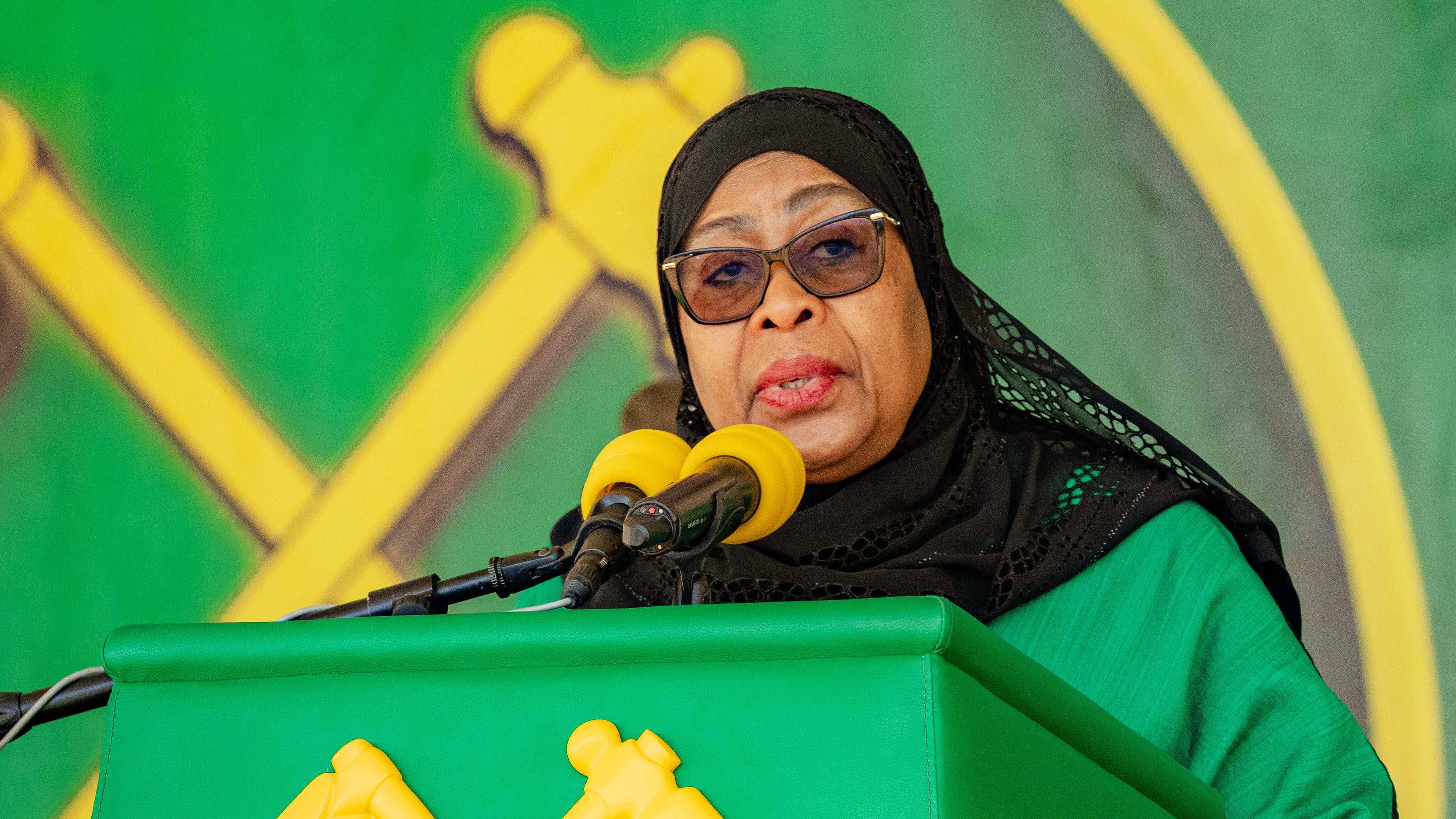 FILE - Tanzania's President Samia Suluhu Hassan delivers remarks during a campaign rally in Iringa, Tanzania, Oct. 5, 2025. (AP Photo, File)