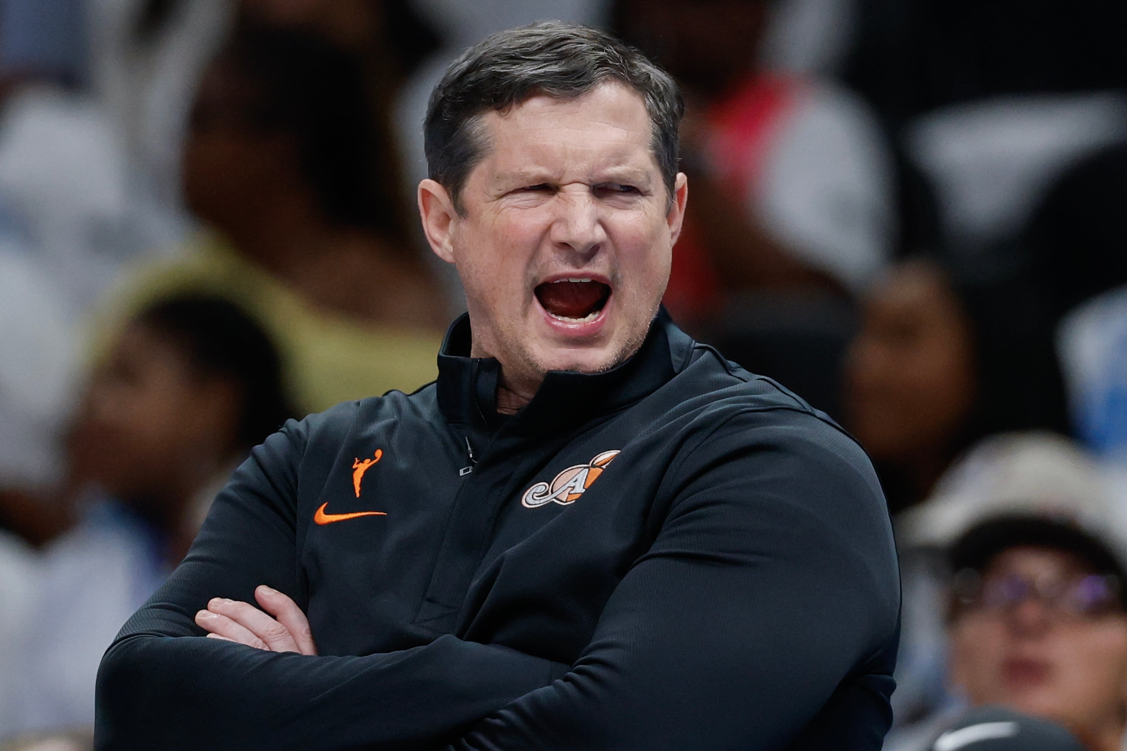 Atlanta Dream head coach Karl Smesko reacts during the first half of Game 4 of the WNBA Finals between the Atlanta Dream and the Golden State Valkyries, Saturday, Oct. 24, 2026, in Atlanta. (Erik S. Lesser for the AJC)
