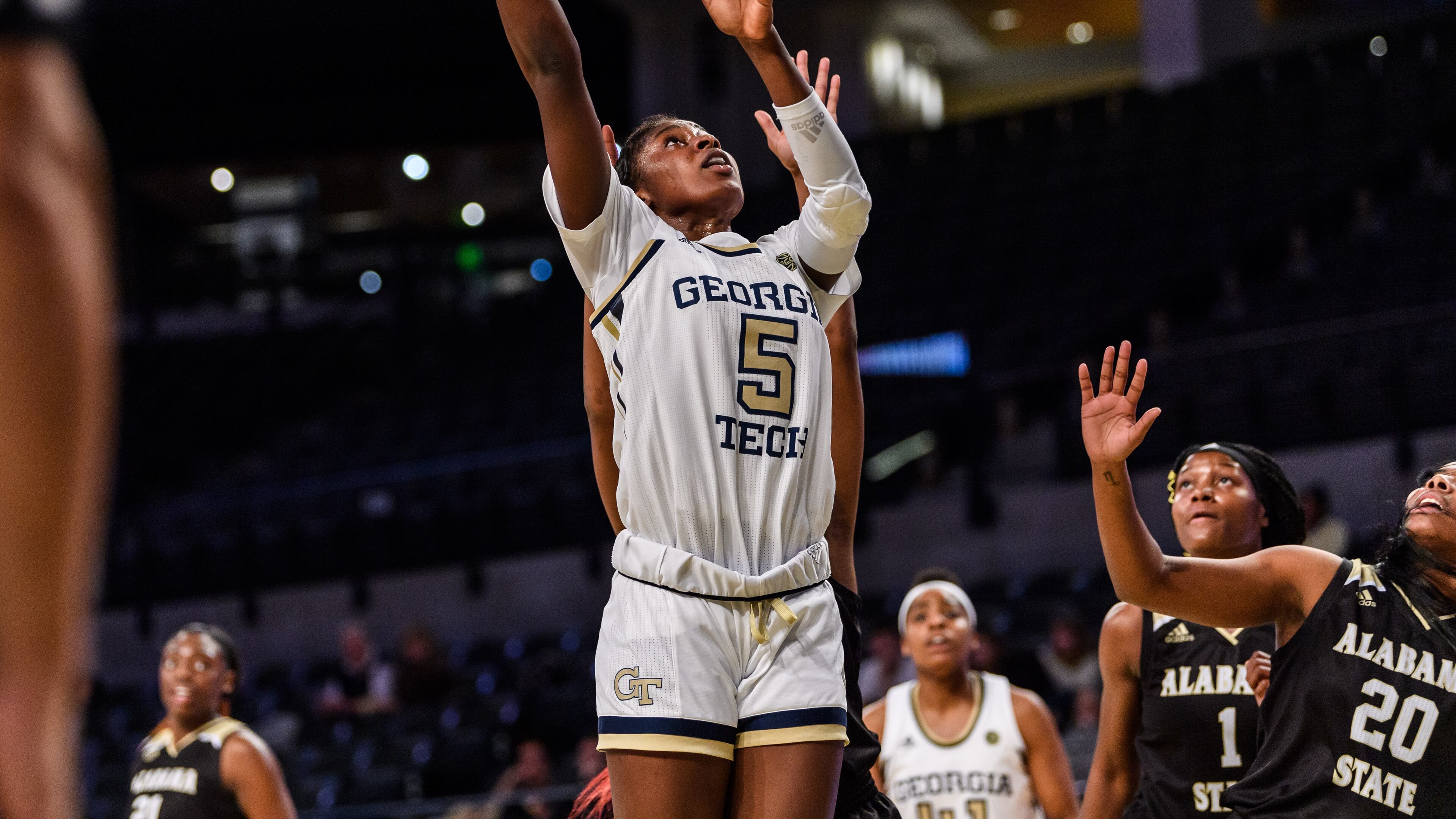 Georgia Tech freshman Elizabeth Balogun recorded her first career double-double in the Yellow Jackets' win over Boston College Thursday with 18 points and 17 rebounds. (Danny Karnik/Georgia Tech Athletics)
