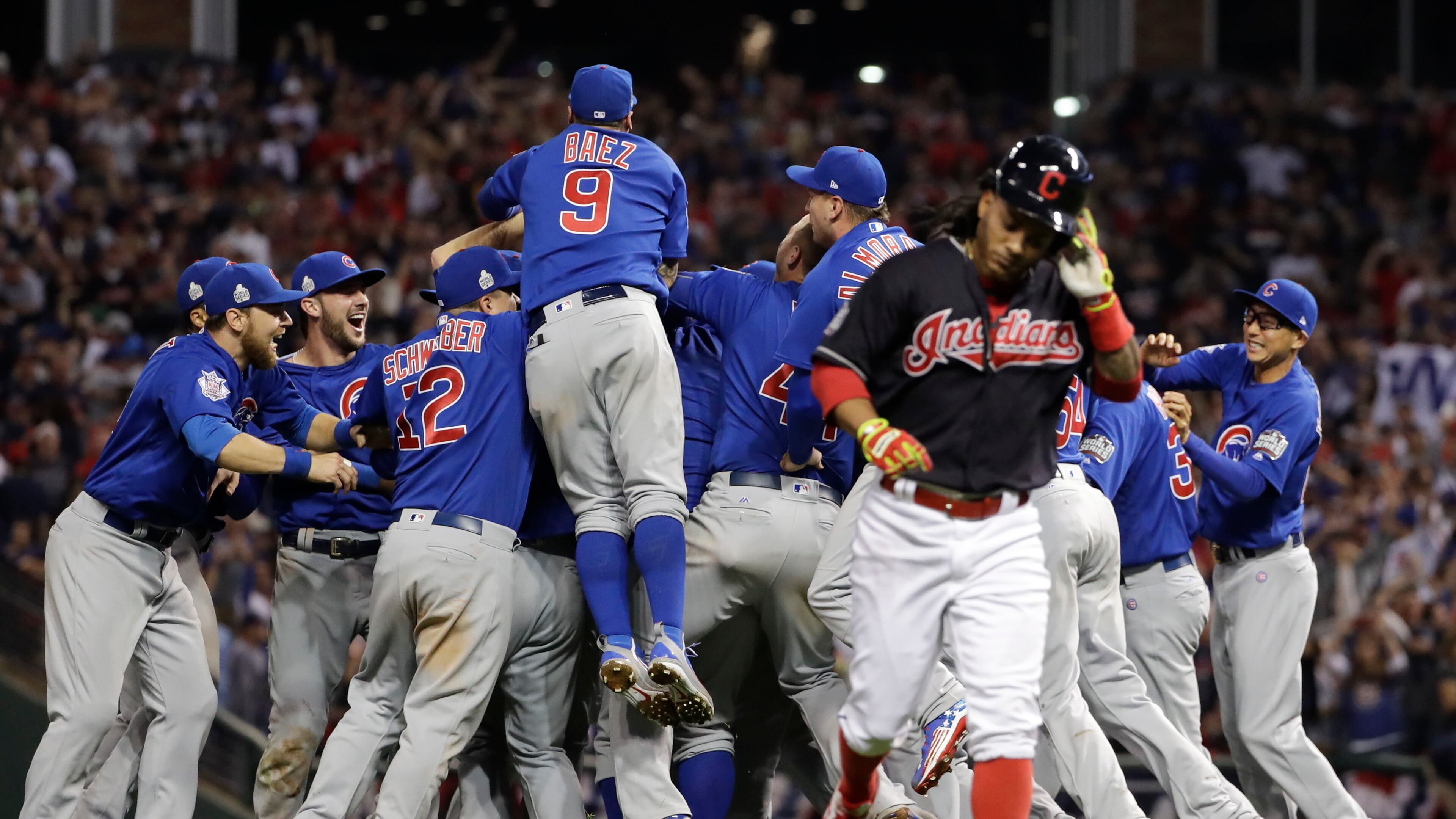 Chicago Cubs celebrate after Game 7 of the Major League Baseball World Series against the Cleveland Indians Thursday, Nov. 3, 2016, in Cleveland. The Cubs won 8-7 in 10 innings to win the series 4-3. (AP Photo/Matt Slocum)