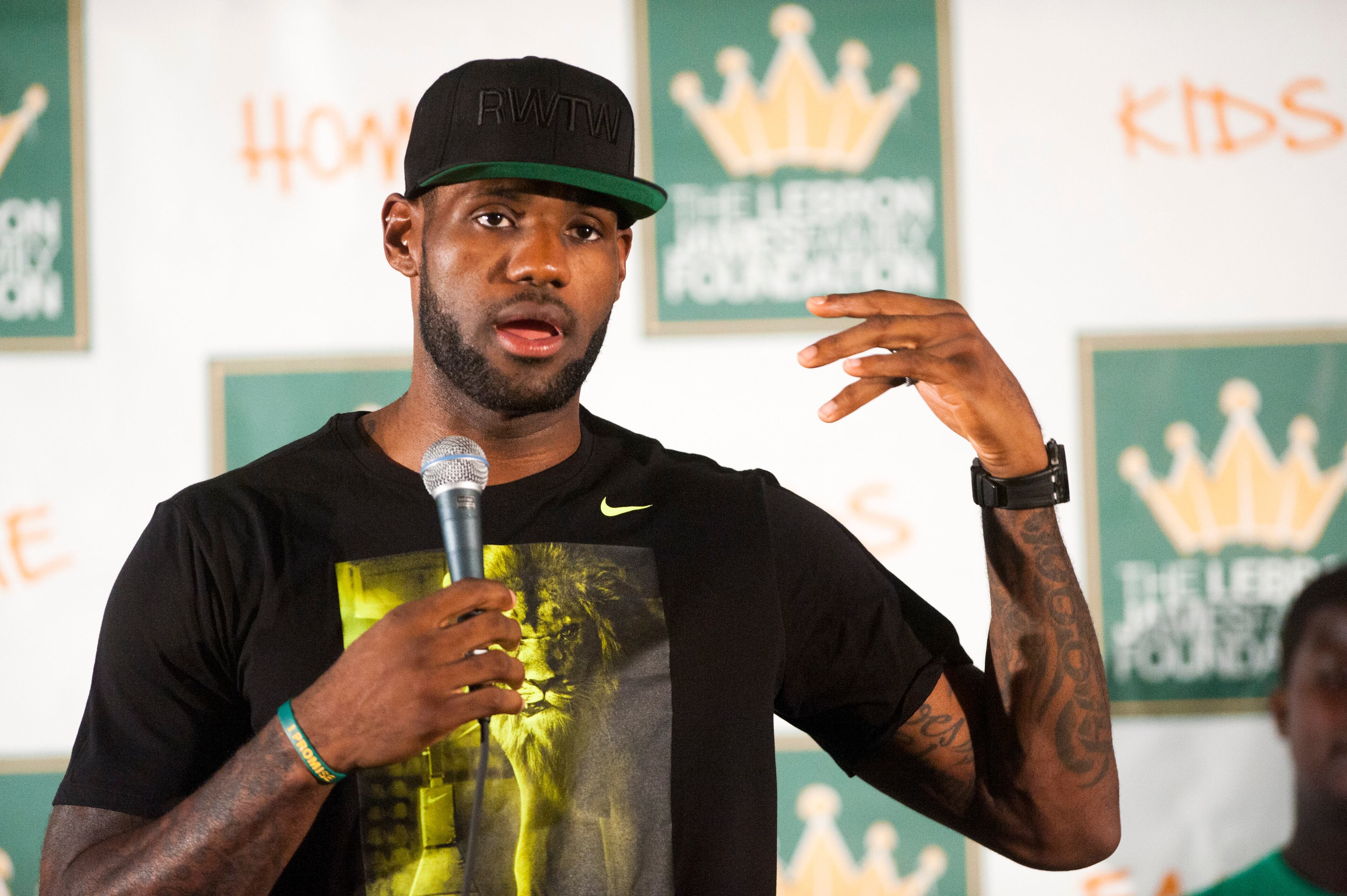 LeBron James speaks during a press conference at The University of Akron before the kickoff of his welcome ceremony at InfoCison Stadium at The University of Akron on August 8, 2014 in Akron, Ohio. (Photo by Ty Wright/Getty Images)