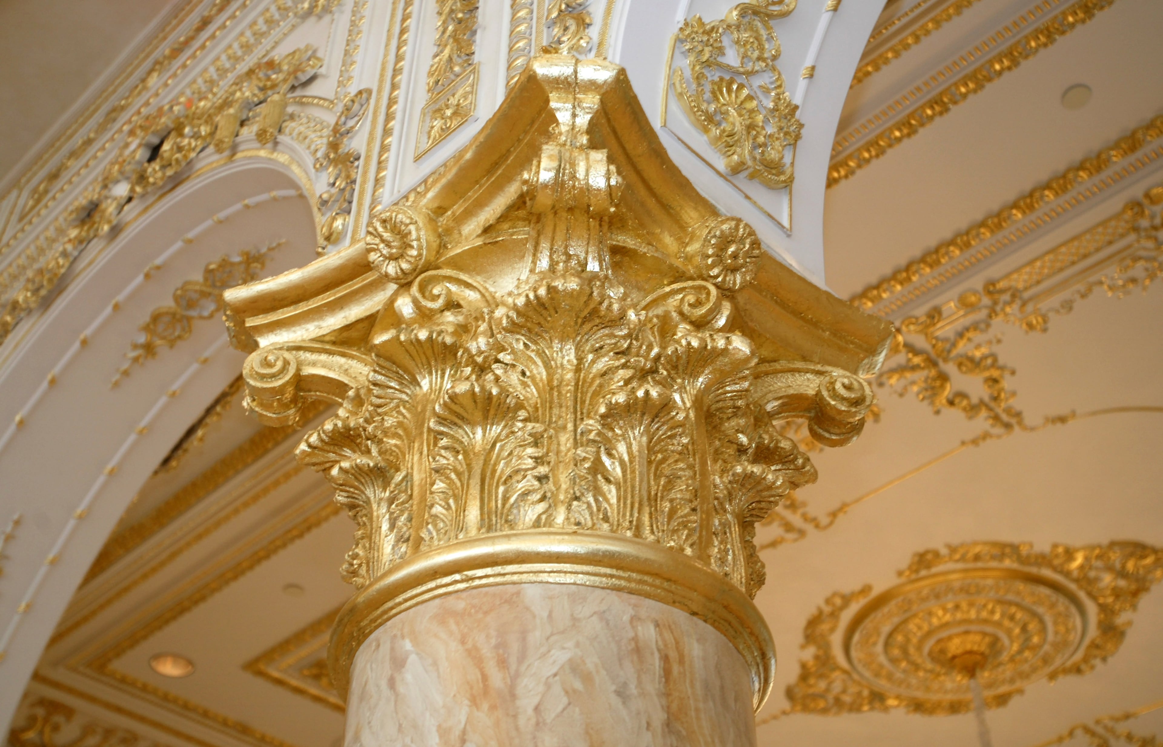 PALM BEACH; 1/14/05: Gold leaf details on a column, walls, and ceiling of the new Donald J. Trump Grand Ballroom, at Mar-a-Lago. Photo by Lannis Waters/ The Palm Beach Post ..... NOT FOR DISTRIBUTION OUTSIDE COX PAPERS OUT PALM BEACH, BROWARD, MARTIN, ST. LUCIE, INDIAN RIVER AND OKEECHOBEE COUNTIES IN FLORIDA. ORLANDO OUT. NO SALES. TV OUT. TABLOIDS OUT. MAGAZINES OUT. WIDE WORLD OUT. INTERNET USE OUT.
