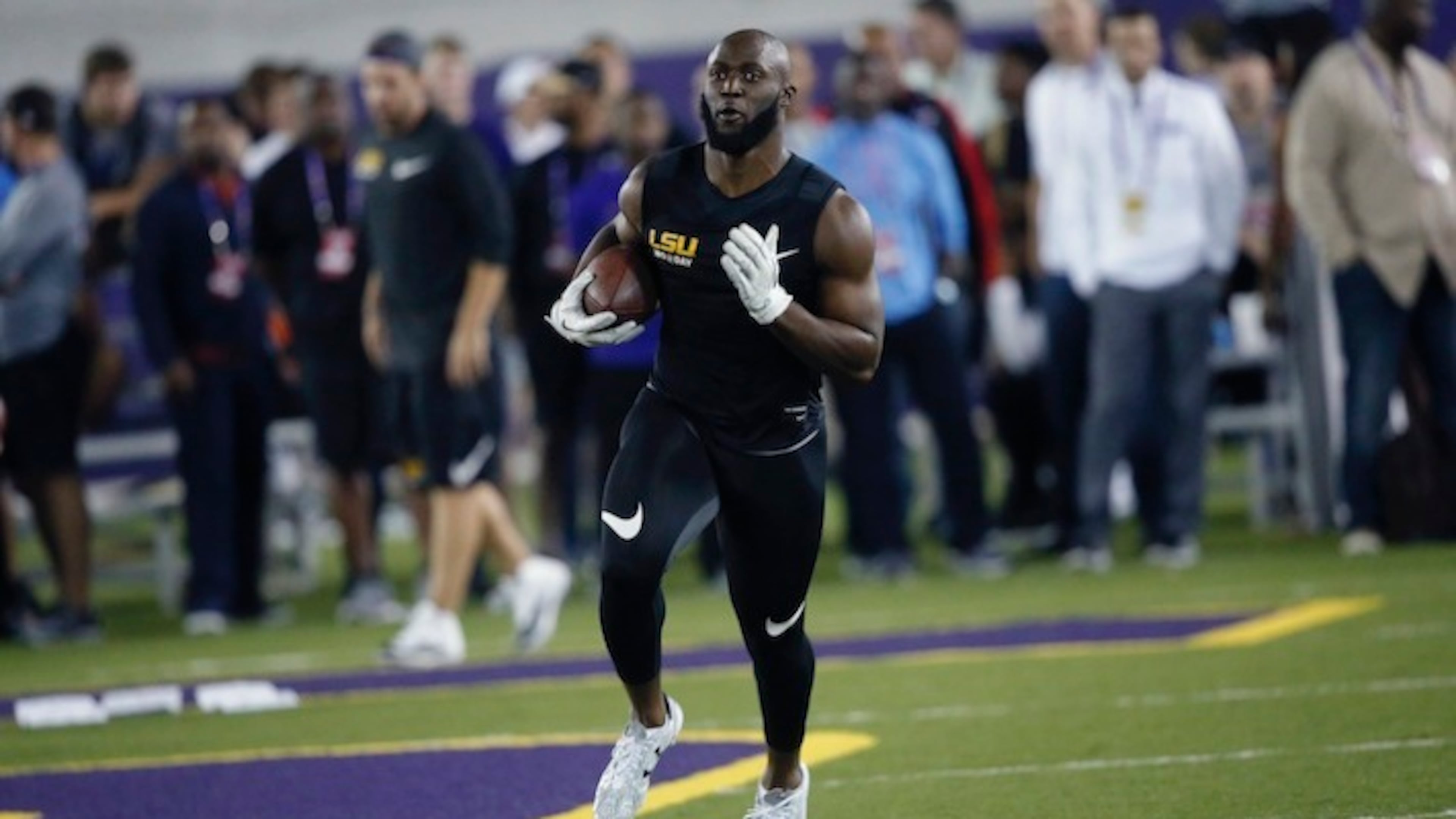 LSU running back Leonard Fournette runs through drills during their NCAA college football pro day in Baton Rouge, La., Wednesday, April 5, 2017. (AP Photo/Gerald Herbert)