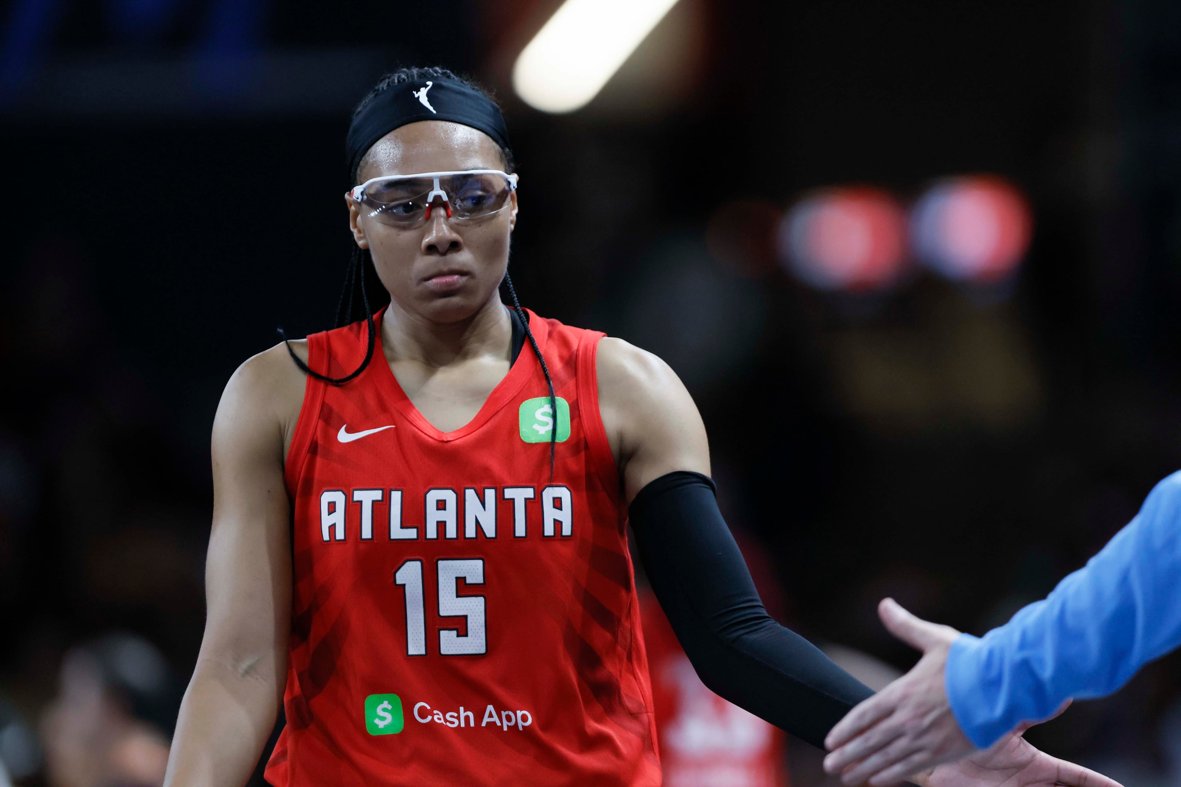 Atlanta Dream guard Allisha Gray (15) reacts after she gets subbed out during the second half of a WNBA basketball first-round playoff game against the Indiana Fever at Gateway Center Arena on Thursday, Sept. 18, 2024, in Atlanta. (Miguel Martinez/ AJC)