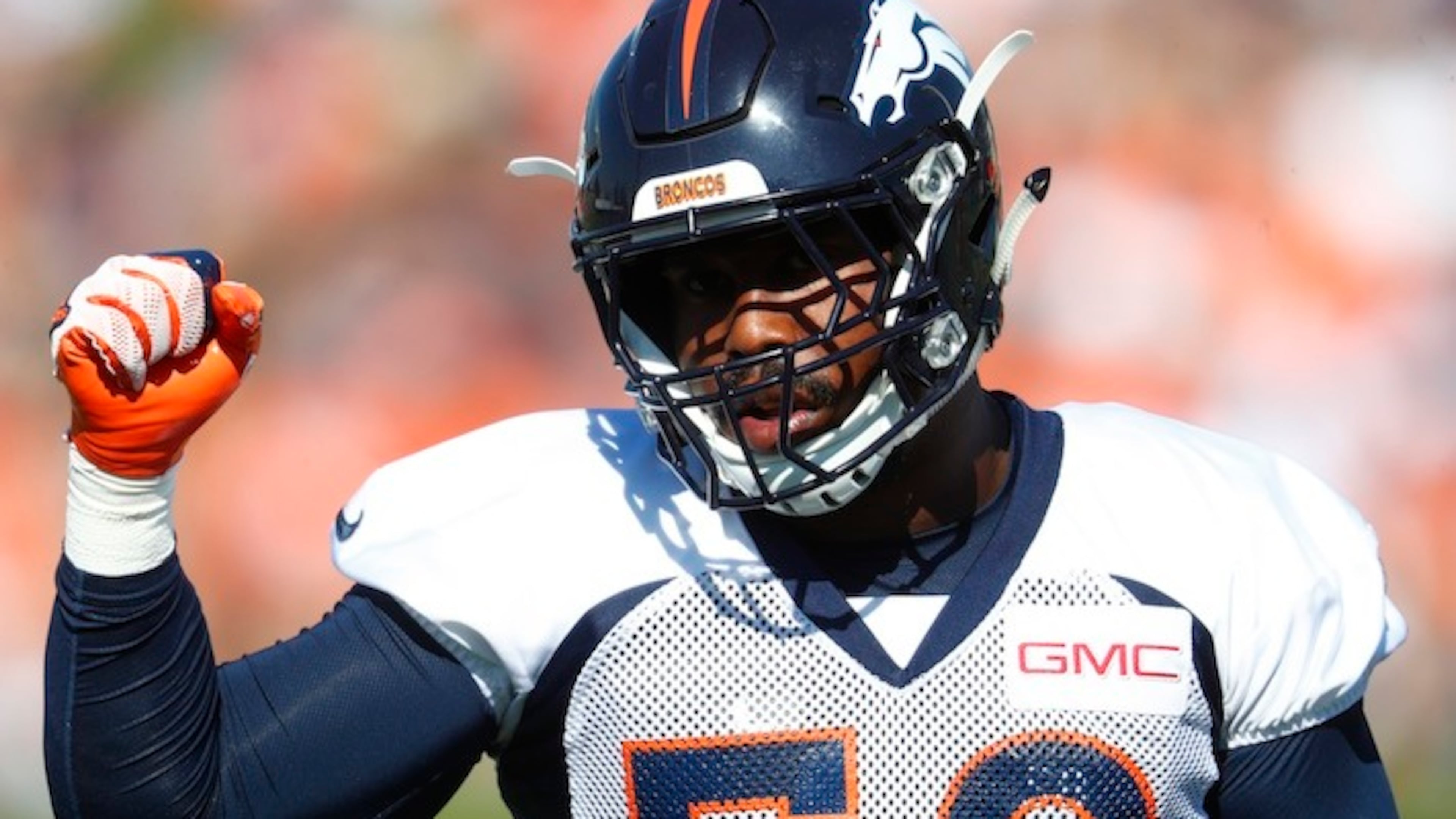 Denver Broncos outside linebacker Von Miller (58) takes part in drills at an NFL football training camp Friday, July 28, 2017, in Englewood, Colo. (AP Photo/David Zalubowski)