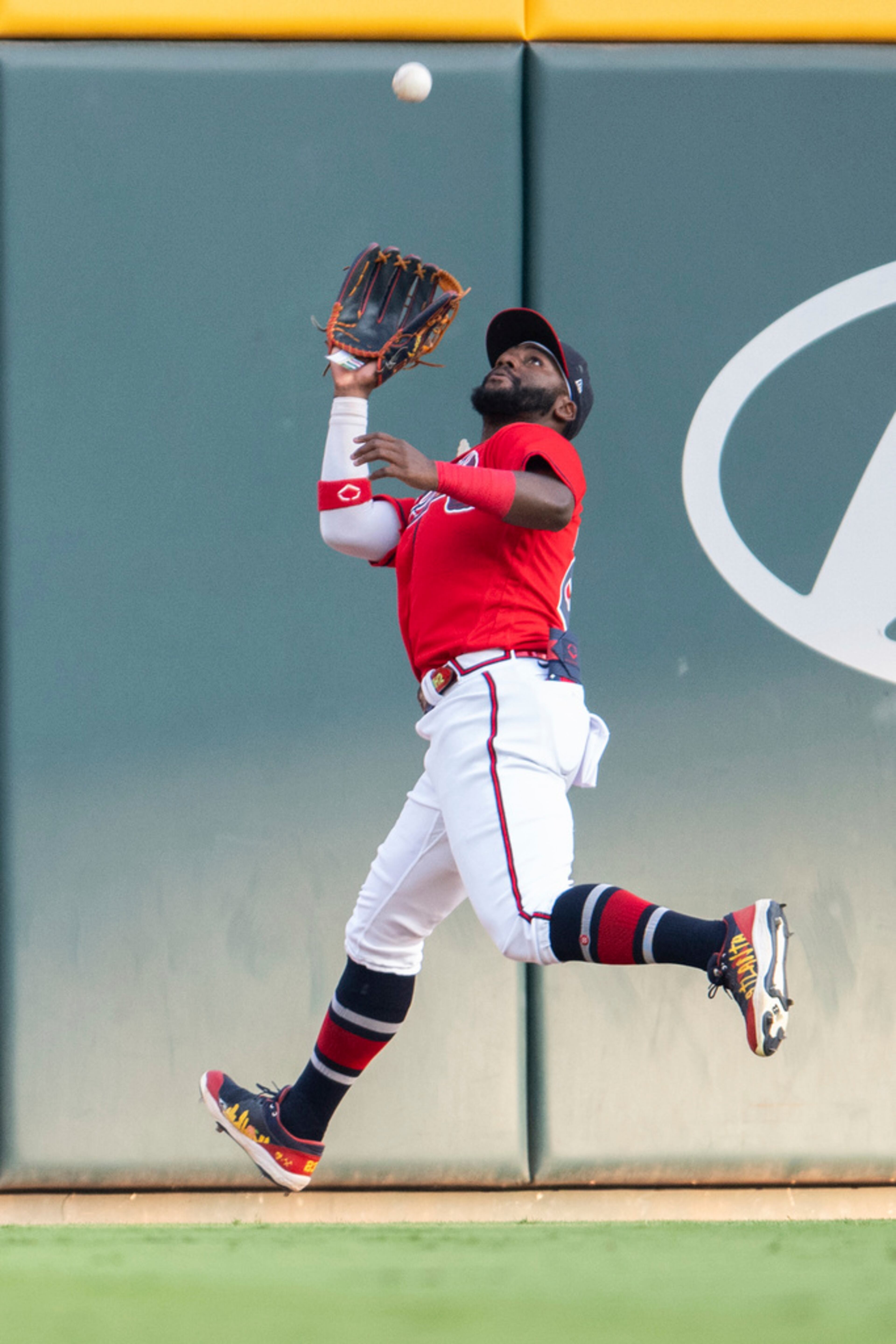 Atlanta Braves center fielder Michael Harris II catches fly ball hit by San Francisco Giants' Wade Meckler during the first inning of a baseball game Friday, Aug. 18, 2023, in Atlanta. (AP Photo/Hakim Wright Sr.)