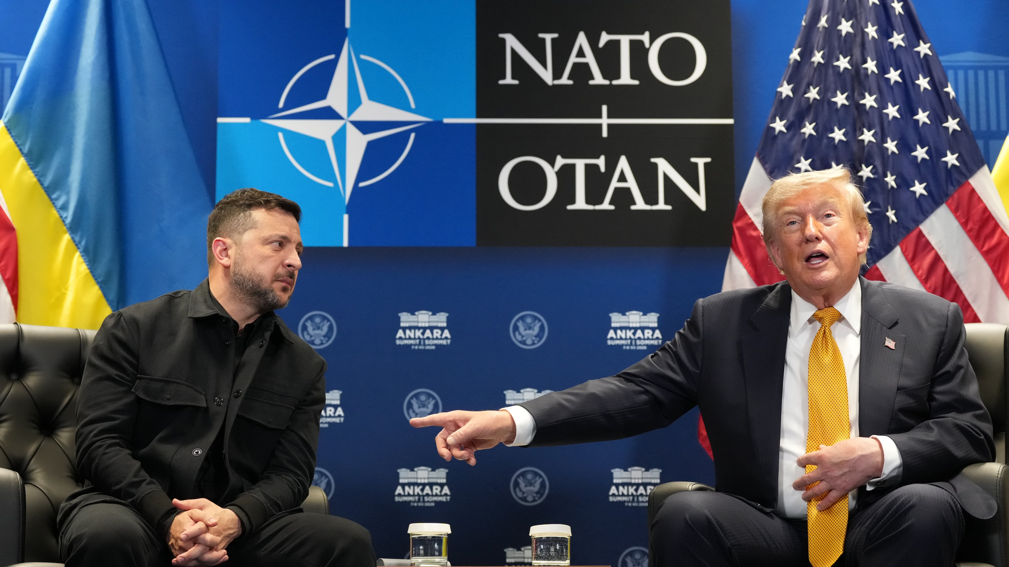 U.S. President Donald Trump meets with Ukraine's President Volodymyr Zelenskyy on the sidelines of the NATO summit in Ankara, Turkey, Wednesday, July 8, 2026. (AP Photo/Alex Brandon)