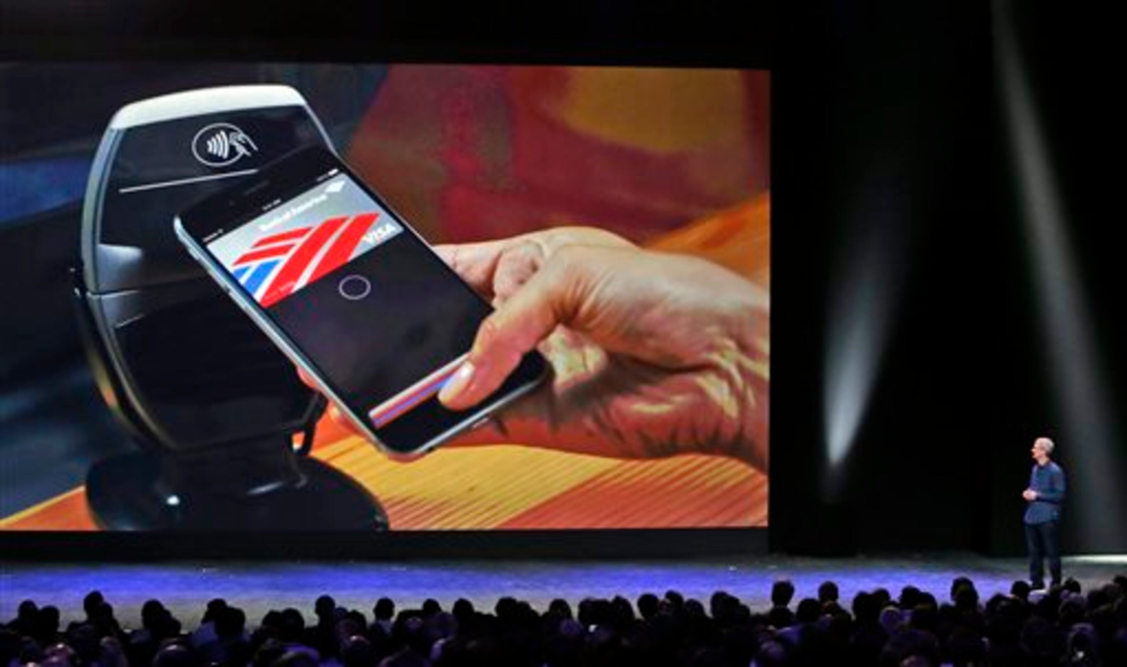 Apple CEO Tim Cook introduces the new Apple Pay product on Tuesday, Sept. 9, 2014, in Cupertino, Calif. (AP Photo/Marcio Jose Sanchez)