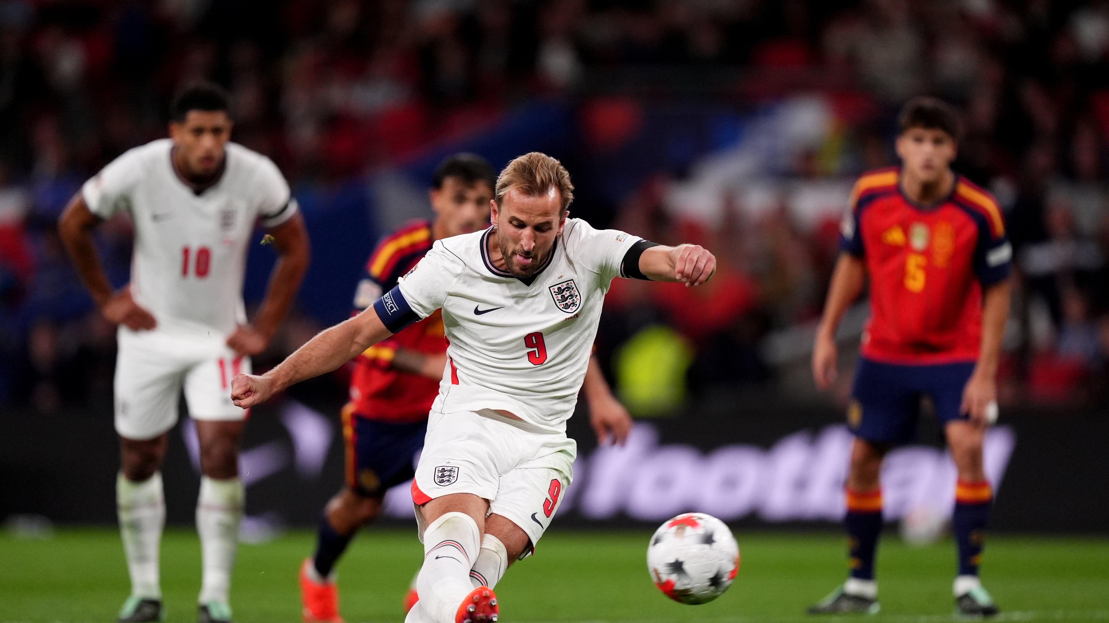 England's Harry Kane misses a penalty kick during the Nations League Soccer match between England and Spain in London, Saturday, Sept. 26, 2026. (Mike Egerton/PA via AP)