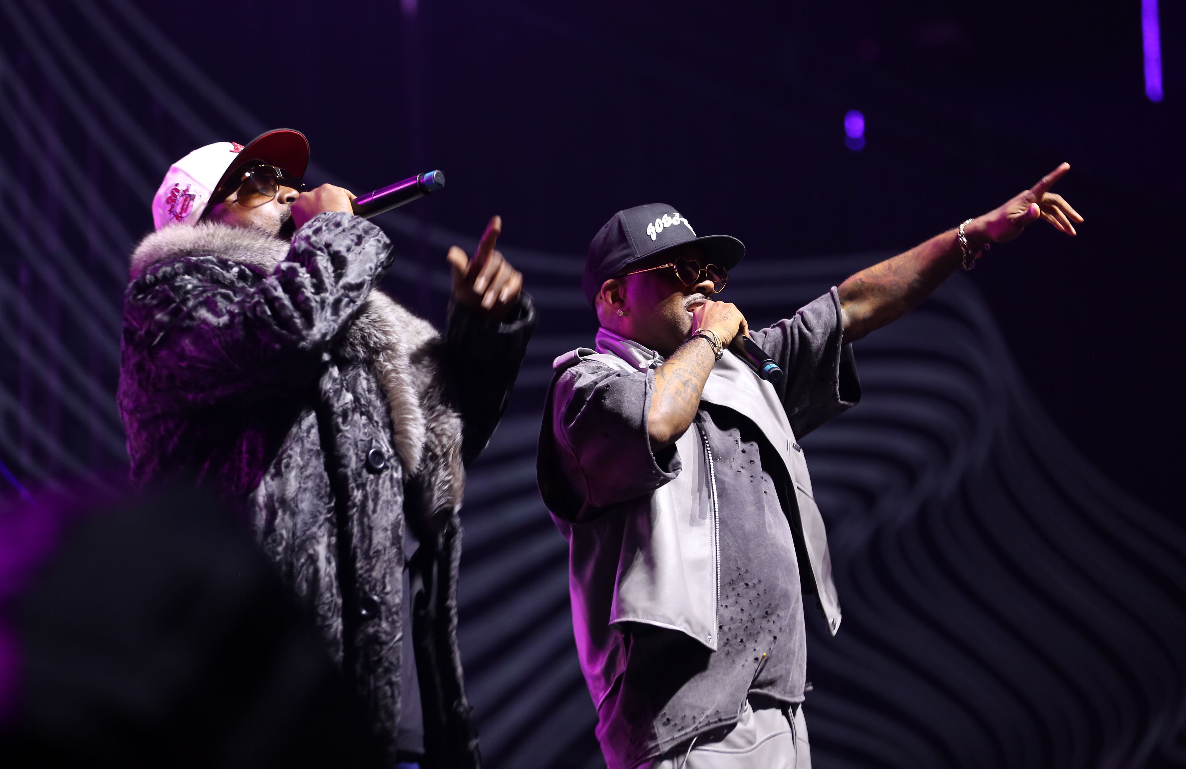 Rapper Big Boi (left), one half of the legendary group Outkast, performs alongside music producer Jermaine Dupri (right), during Dupri's "The South Got Something to Say" show at the Caesars Superdome in New Orleans. The Essence Festival is celebrating its 29th year, and the 50th anniversary of hip-hop. (TYSON HORNE / TYSON.HORNE@AJC.COM)
