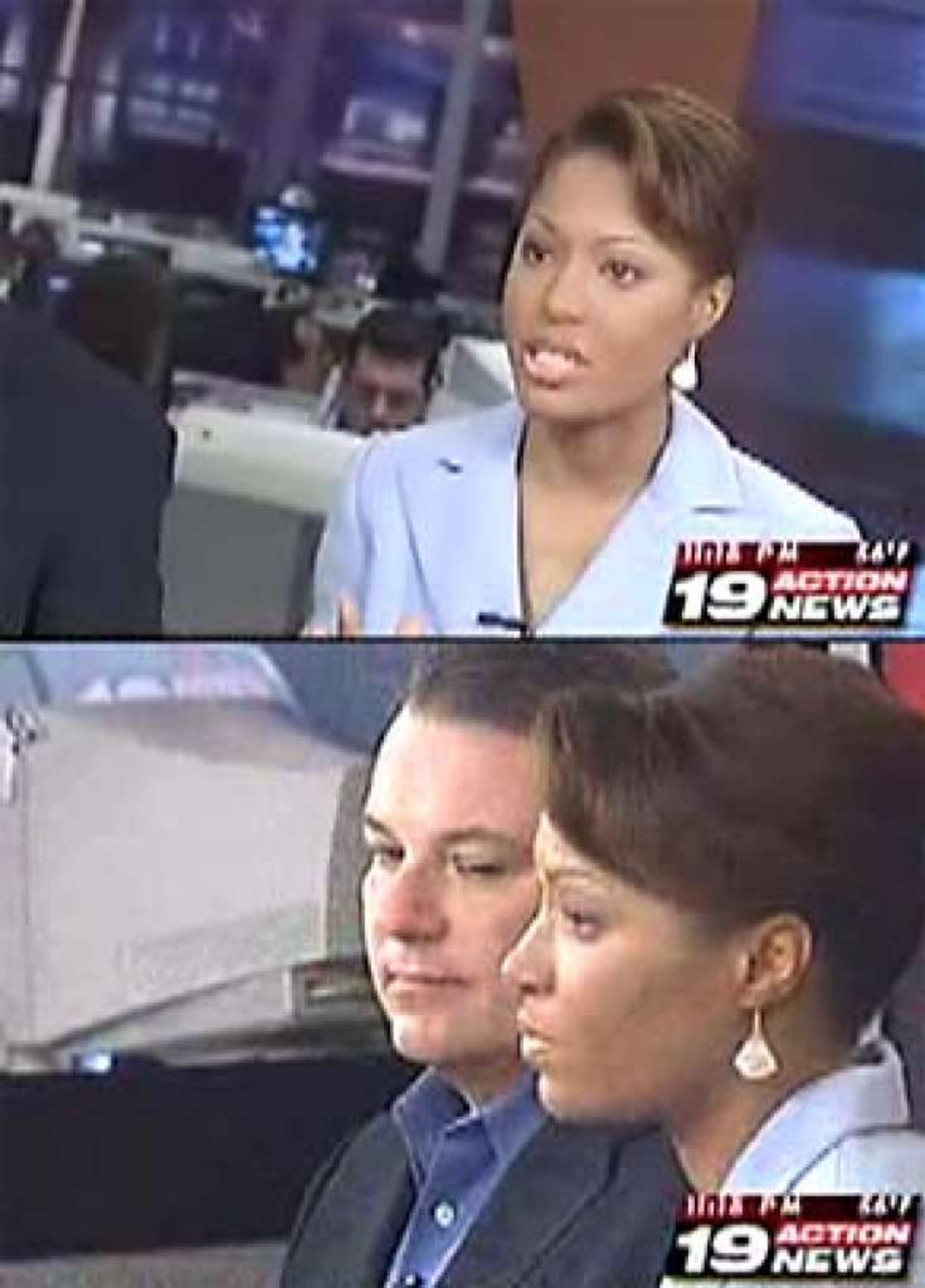 Above: WOIO anchor Sharon Reed. Below WOIO news director Steve Doerr (with Reed) tapes a response to viewers after Reed disrobed at the scene of a mass nude photo installation in Cleveland as part of her first-person report. Photo via WOIO, Cleveland Ohio less