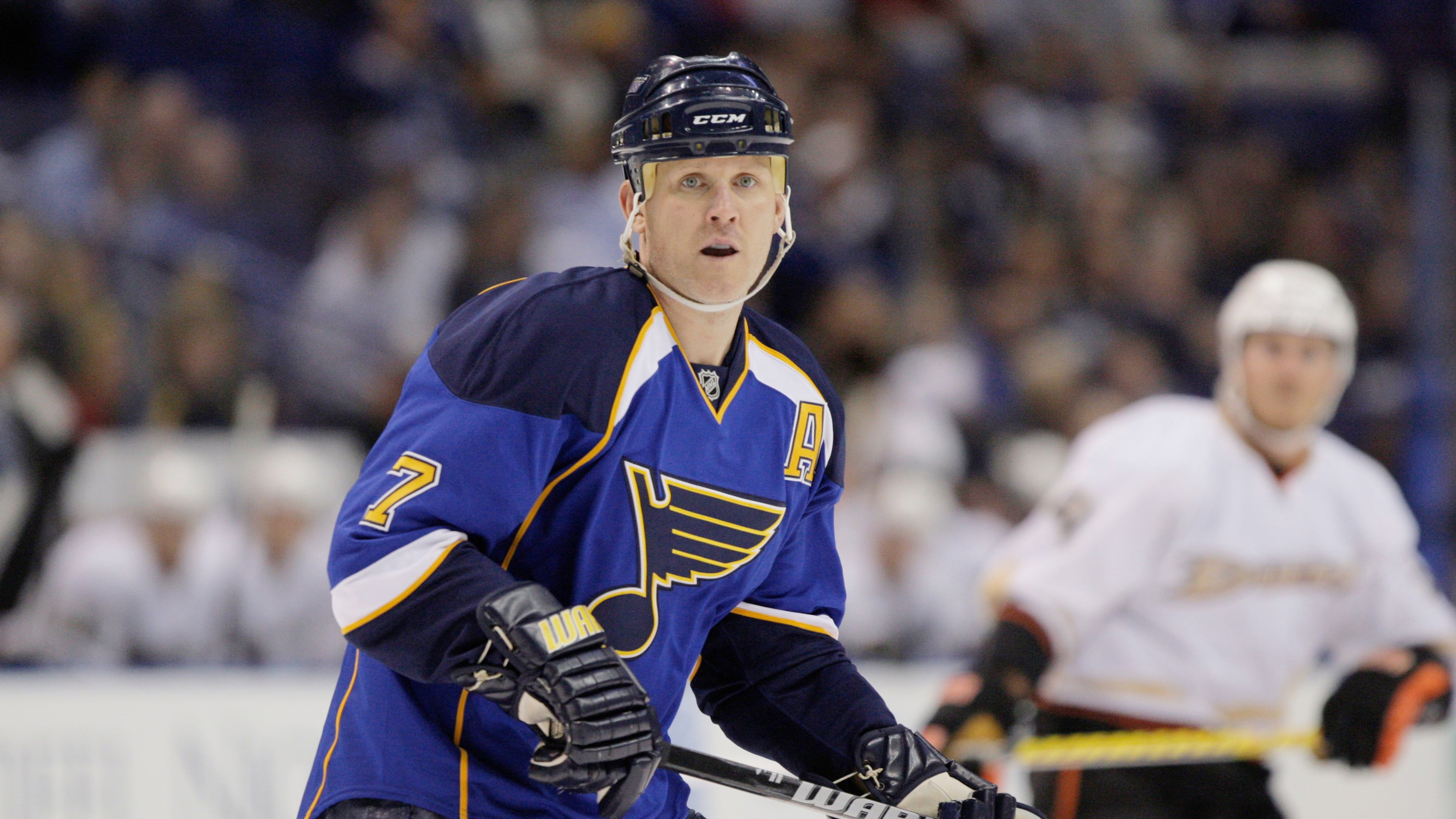 FILE - St. Louis Blues' Keith Tkachuk skates during the first period of an NHL hockey against the Anaheim Ducks game, April 9, 2010, in St. Louis. (AP Photo/Jeff Roberson, File)