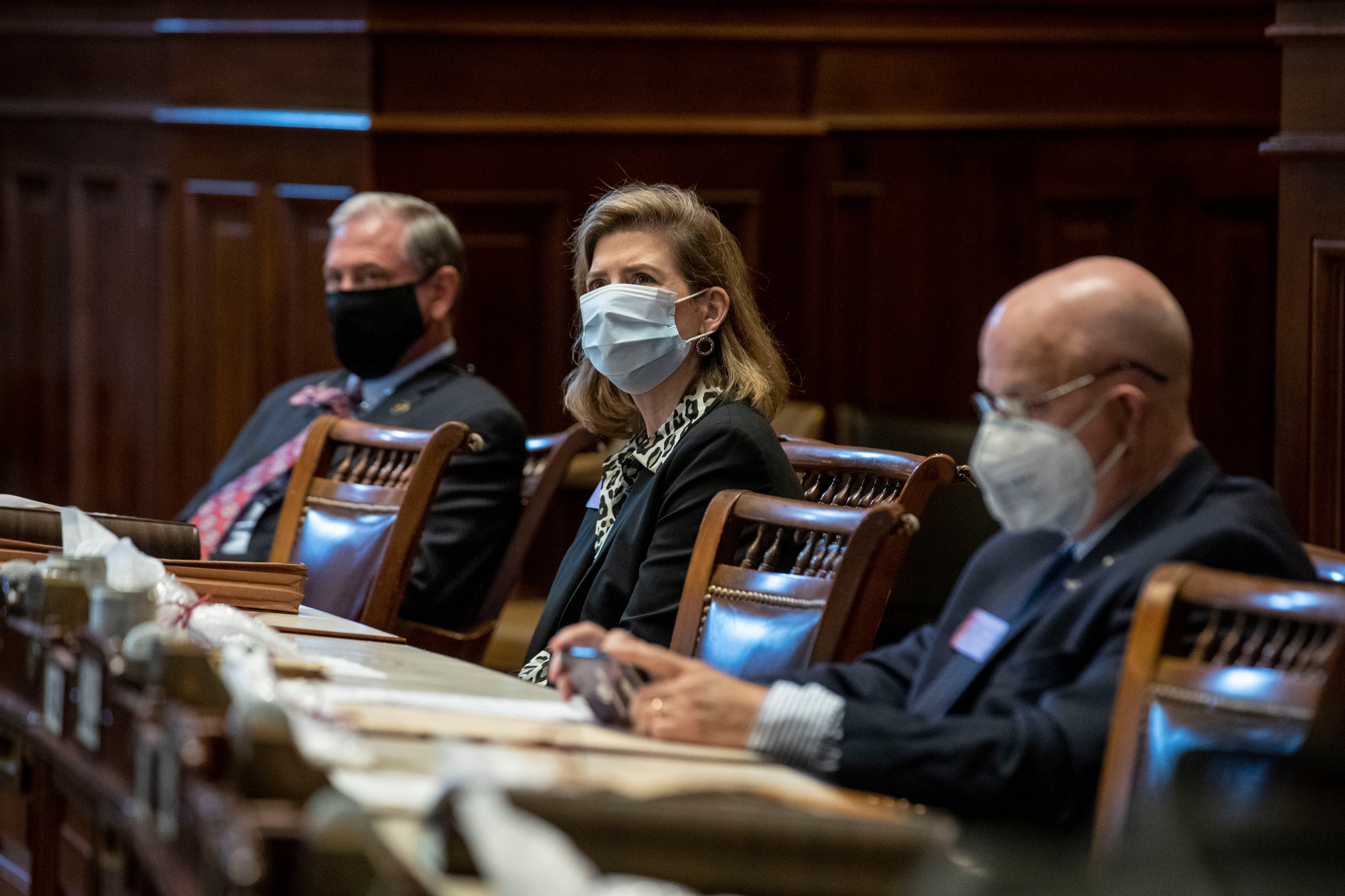 06/15/2020 - Atlanta , Georgia - Georgia House Representatives wear face masks in the house chambers as the Georgia legislative session returns from a break due to COVID-19 at the Georgia State Capitol building, Monday, June 15, 2020. This is thee 30th day of the legislative session. (ALYSSA POINTER / ALYSSA.POINTER@AJC.COM)
