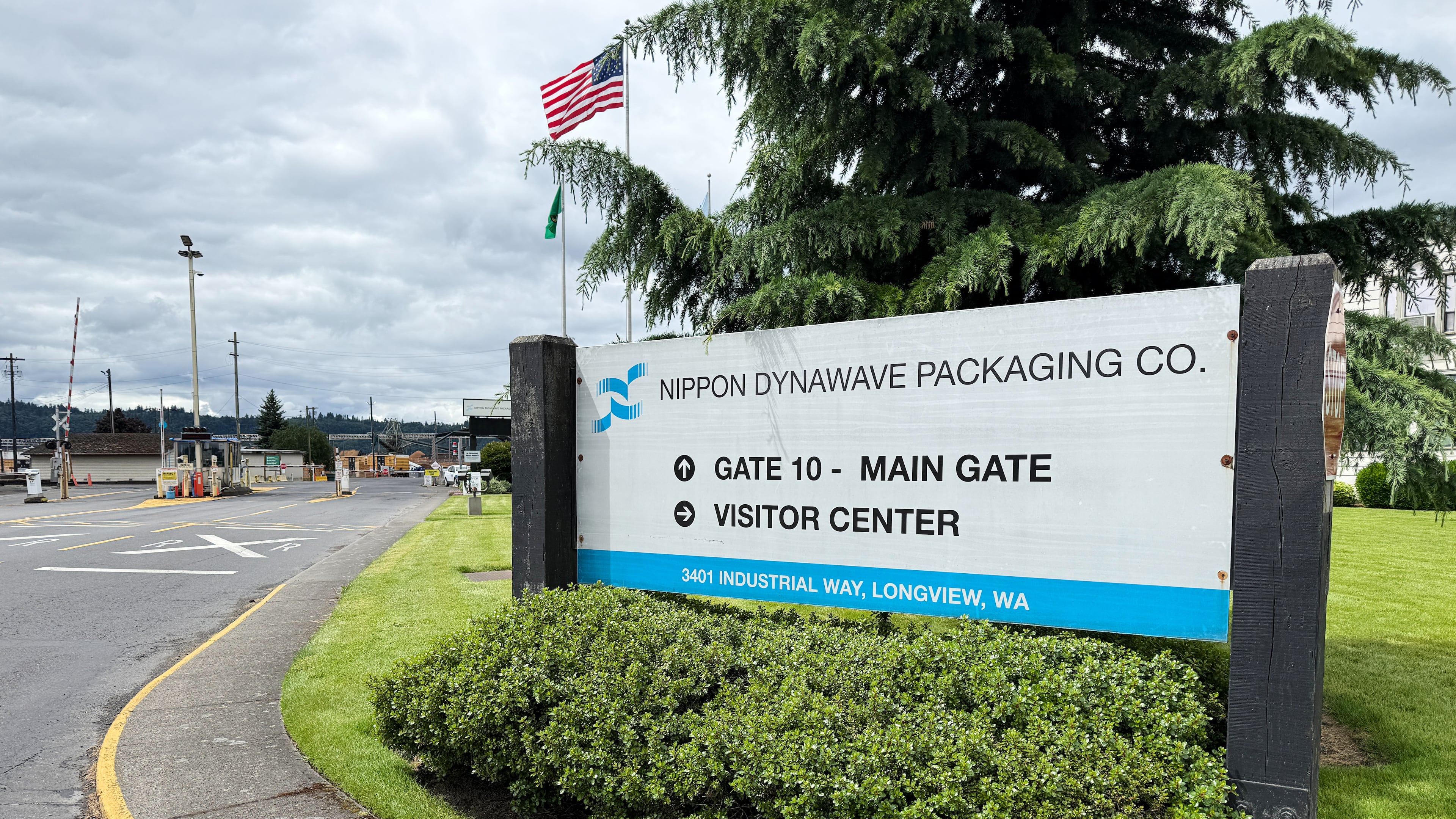 The exterior of the Nippon Dynawave Packaging Co. is shown, after a tank containing hazardous liquid imploded, on Tuesday, May 26, 2026 in Longview, Wash. (AP Photo/Claire Rush)